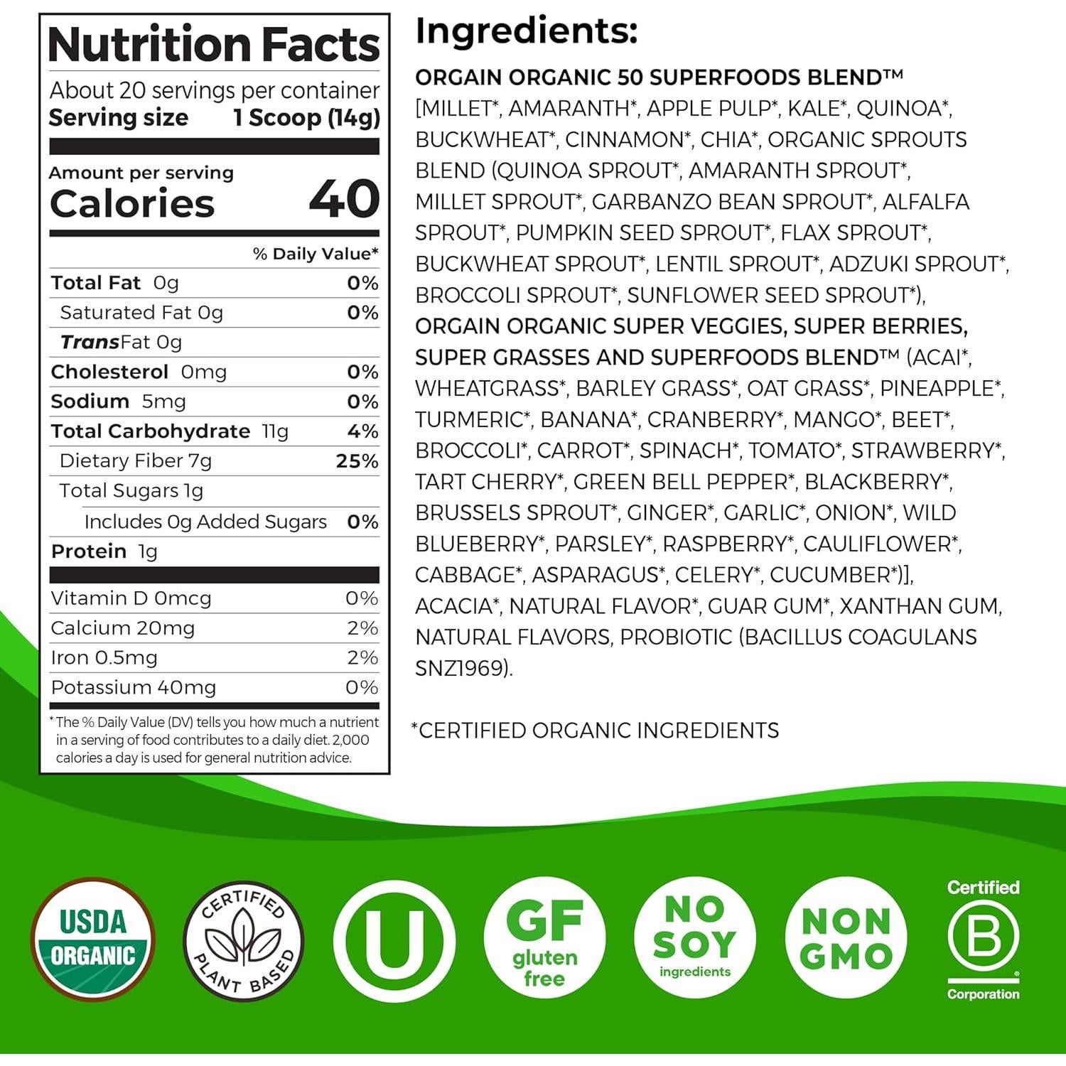 Polvo de Superalimentos Orgánicos Orgain 0.28kg - 50 Ingredientes