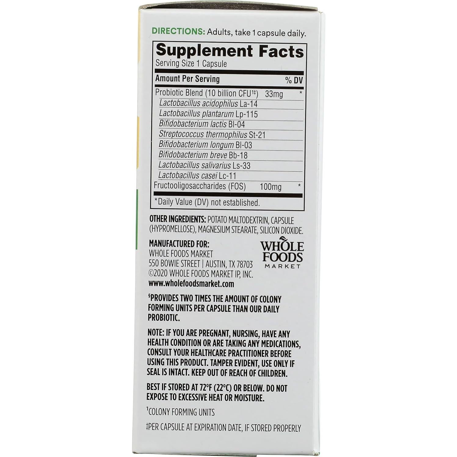Probiotico Diario 365 Whole Foods 10 mil millones CFU 30 cápsulas
