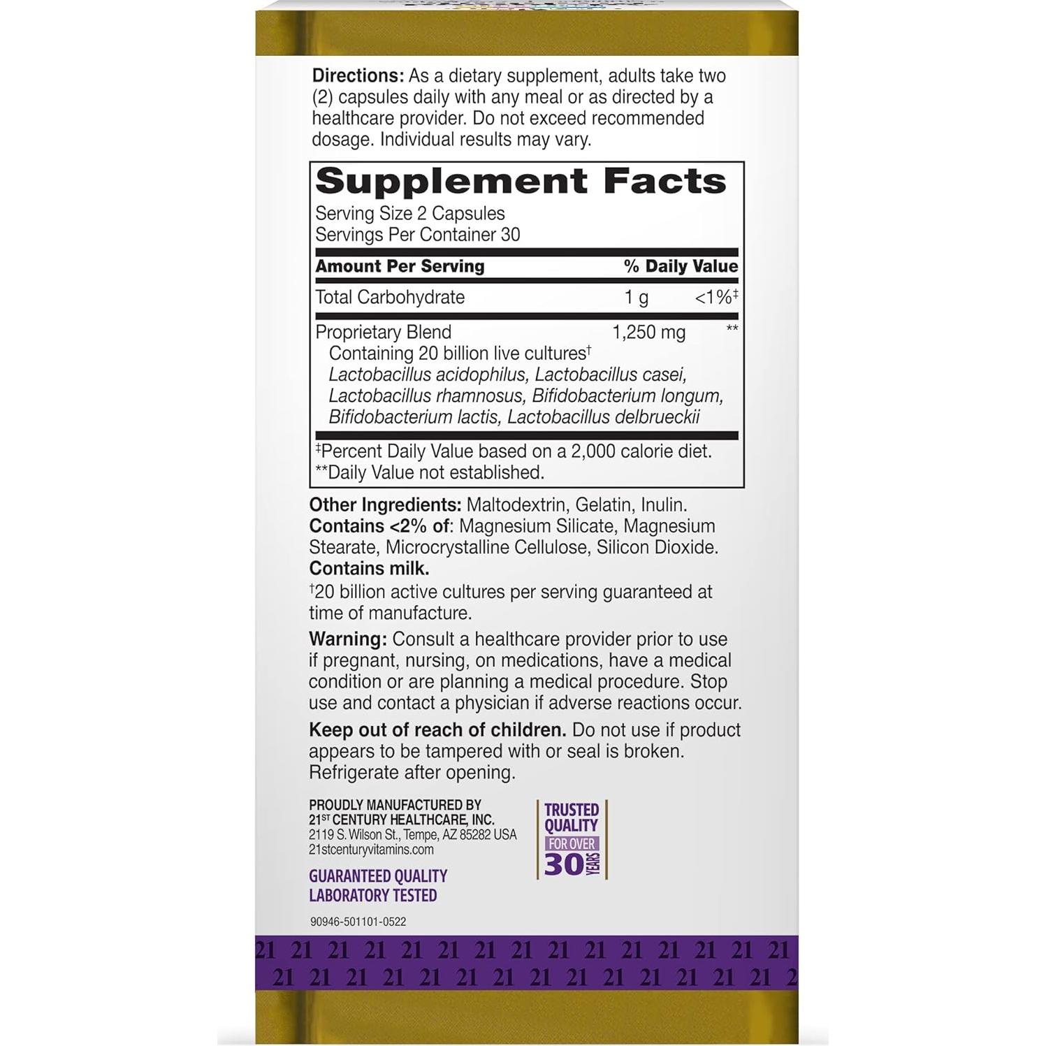 Cápsulas Probioticas 21st Century 60 Unidades 20 Mil Millones