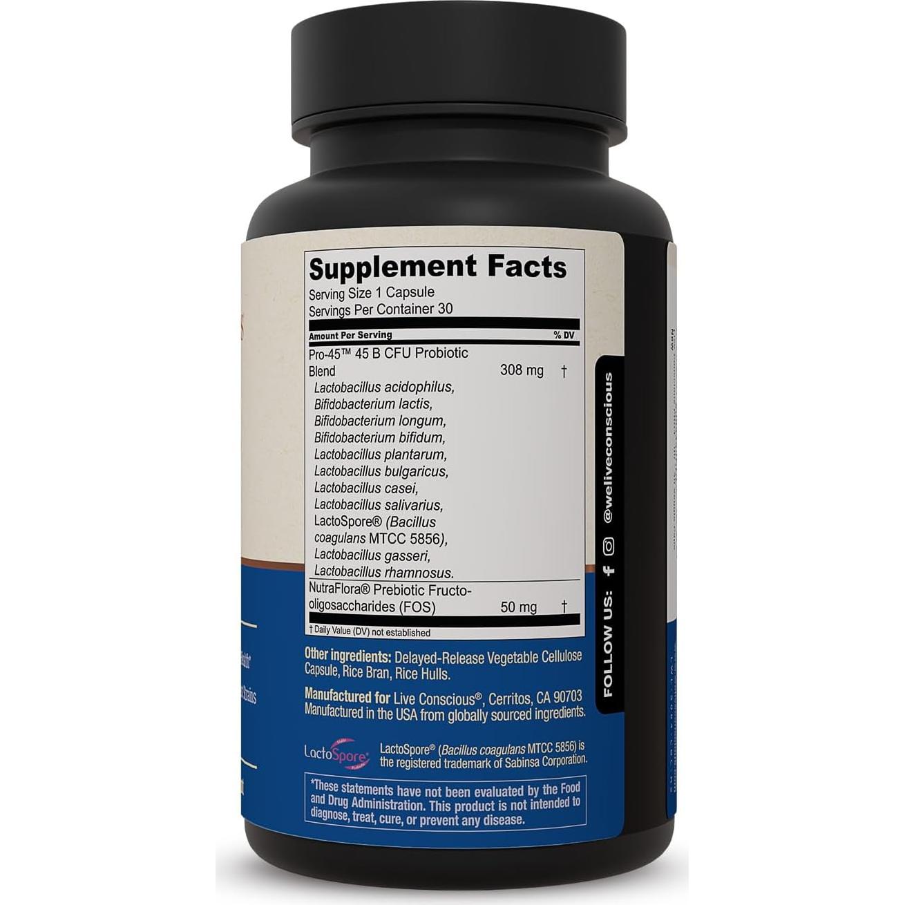 Probioticos Live Conscious PRO45 - 45 Mil Millones UFC, 30 Cápsulas