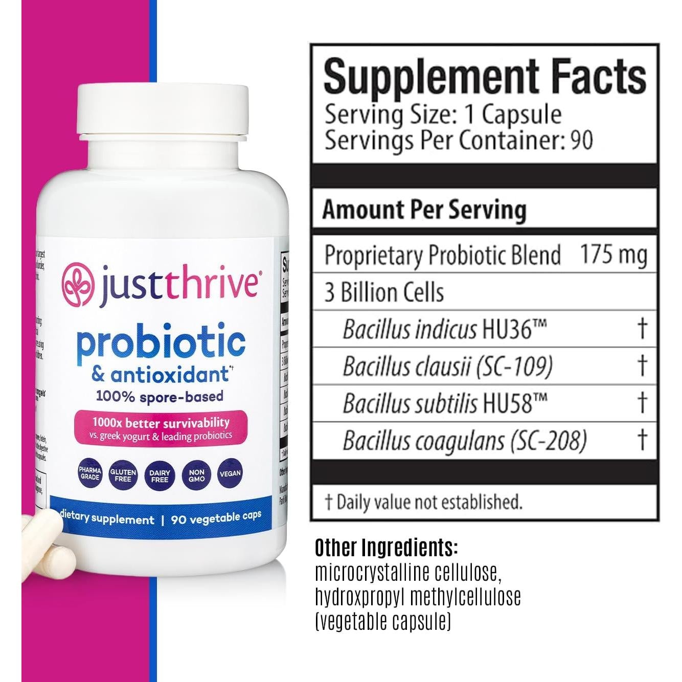 Suplemento Probiotico Just Thrive 90 Cápsulas - Antioxidante y Digestivo