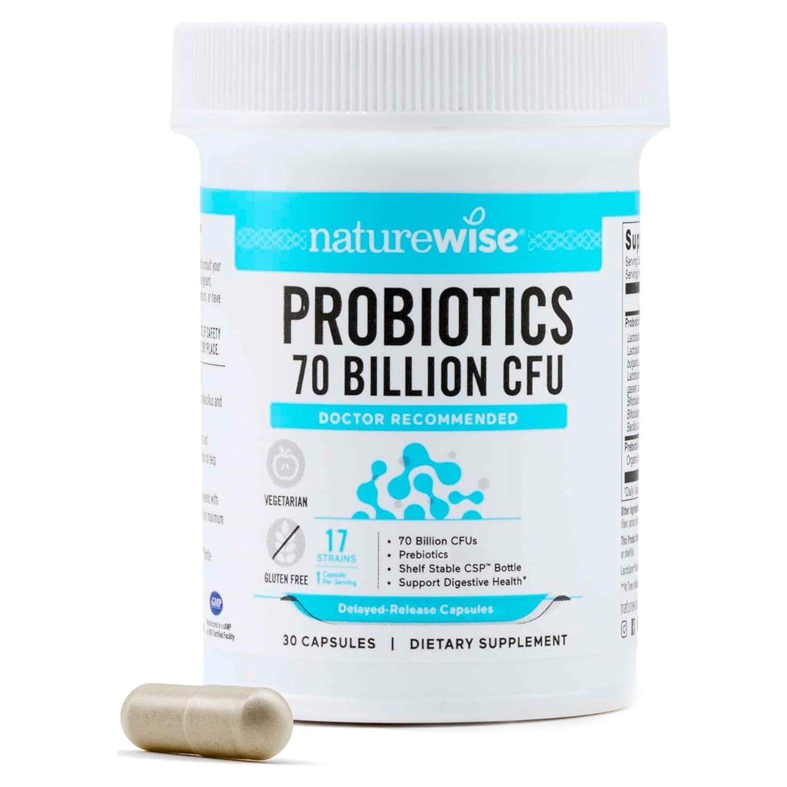 NatureWise Probióticos 70 Mil Millones CFU - 17 Cepas + Prebióticos - 30 Cápsulas