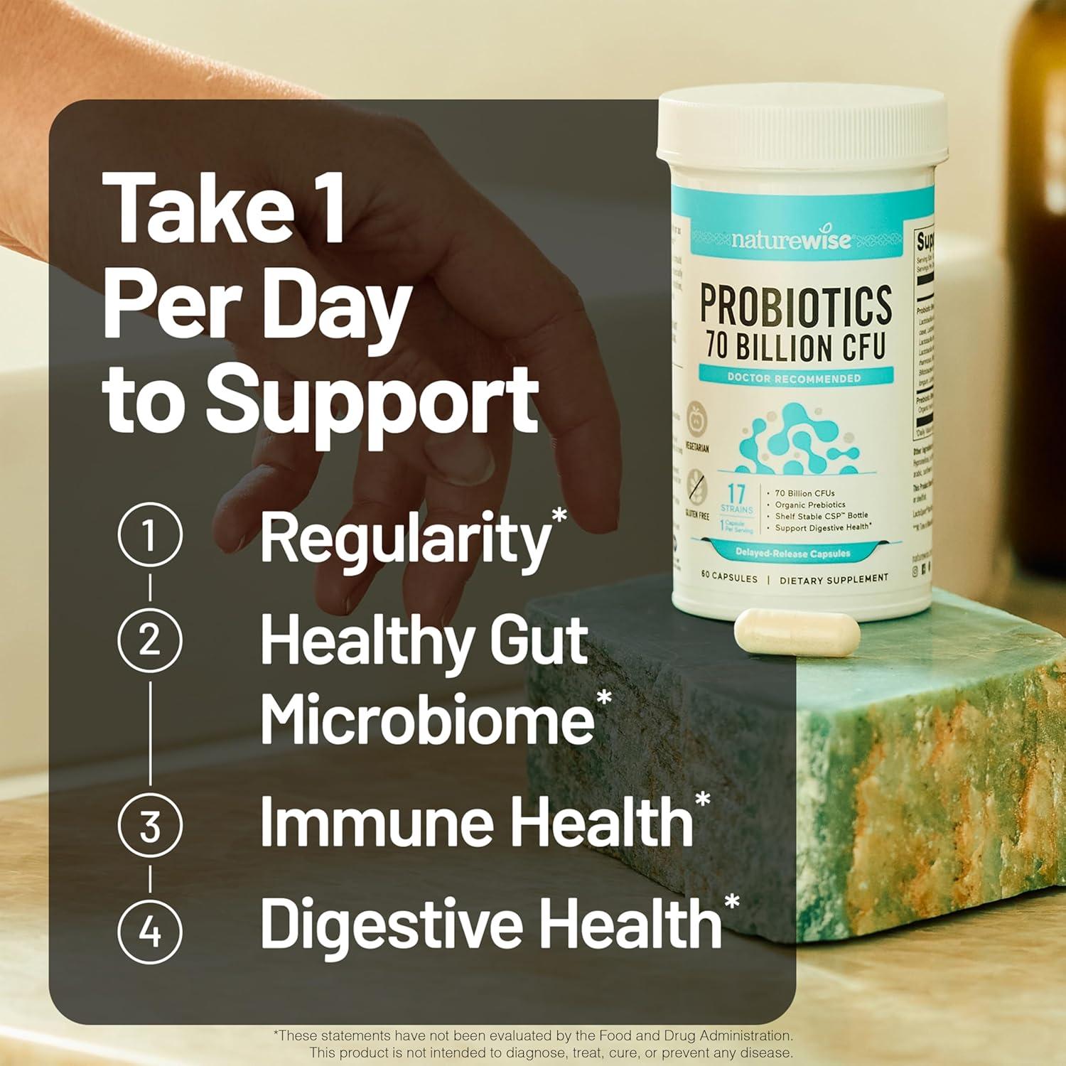 NatureWise Probióticos 70 Mil Millones CFU - 17 Cepas + Prebióticos - 30 Cápsulas