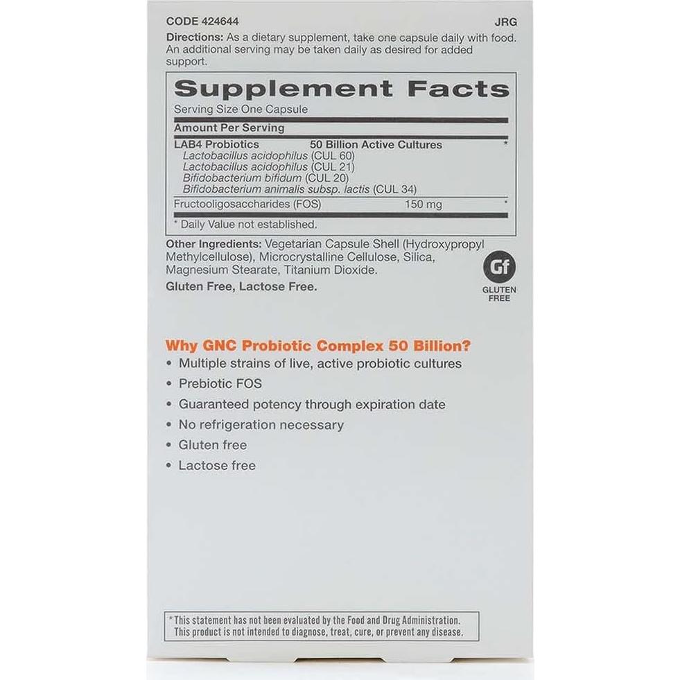 Suplemento Probiótico GNC 50 Mil Millones 60 Cápsulas Vegetarianas