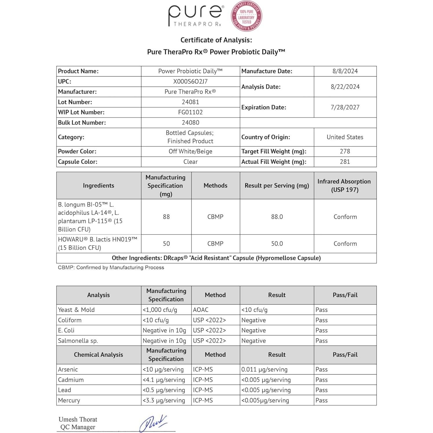 Probiotico Poder Diario Pure Thera - 30 Cápsulas Vegetales