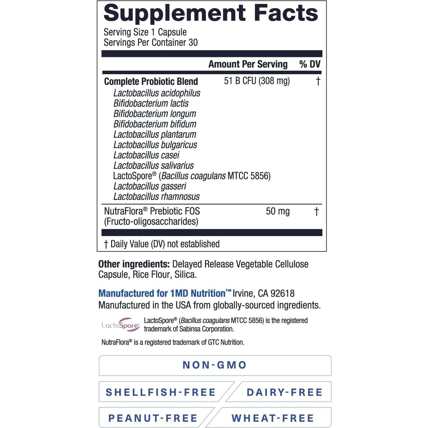 Probioticos Completos Platinum 1MD Nutrition 51 Mil CFU 30 Cápsulas