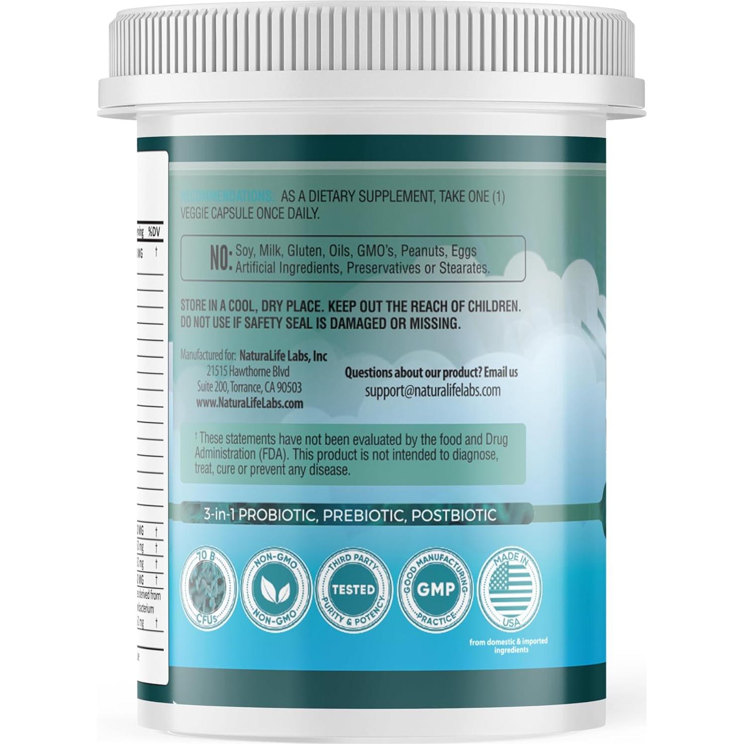 Probioticos NaturaLife Labs 70 Mil Millones CFU 30 Cápsulas Veganas