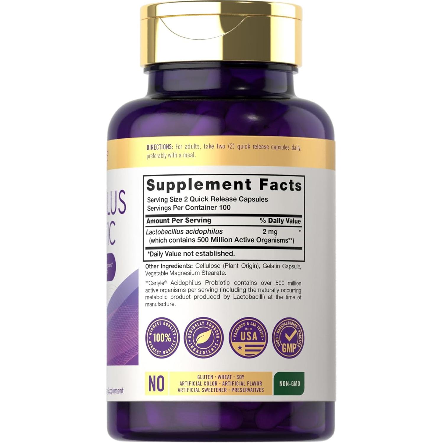 Cápsulas Probioticas Acidophilus Carlyle 500 Millones CFU 200 Píldoras