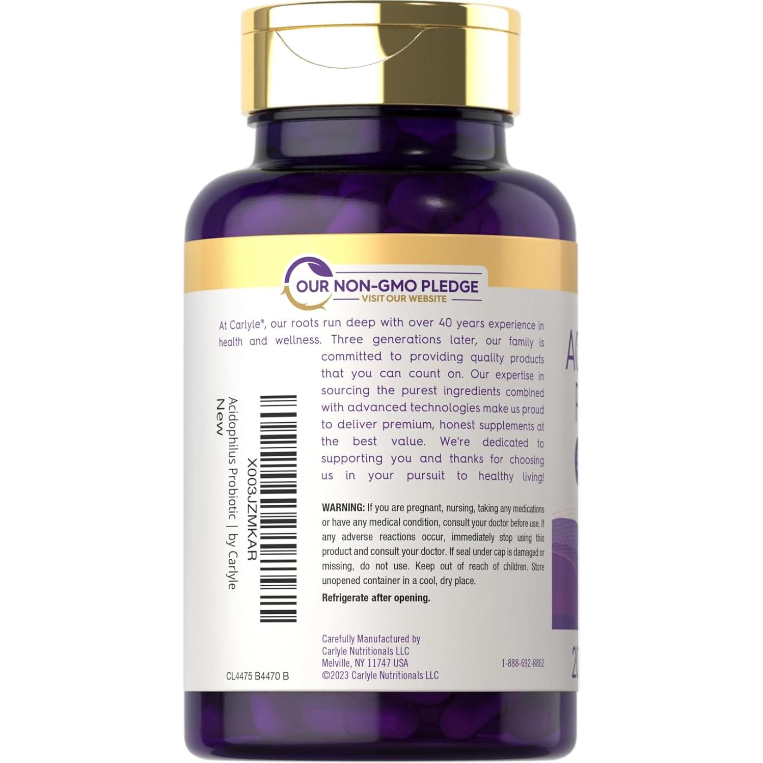 Cápsulas Probioticas Acidophilus Carlyle 500 Millones CFU 200 Píldoras