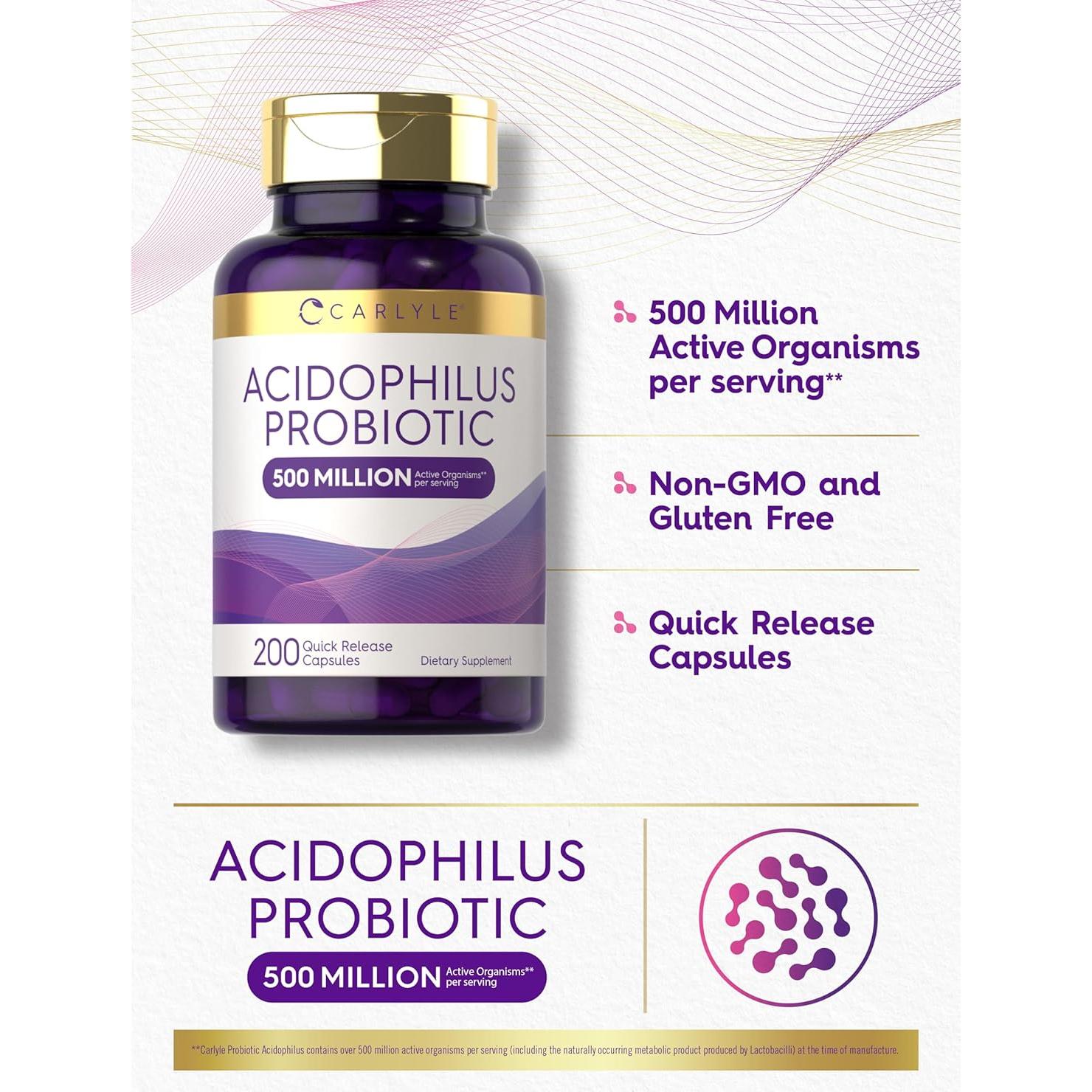 Cápsulas Probioticas Acidophilus Carlyle 500 Millones CFU 200 Píldoras