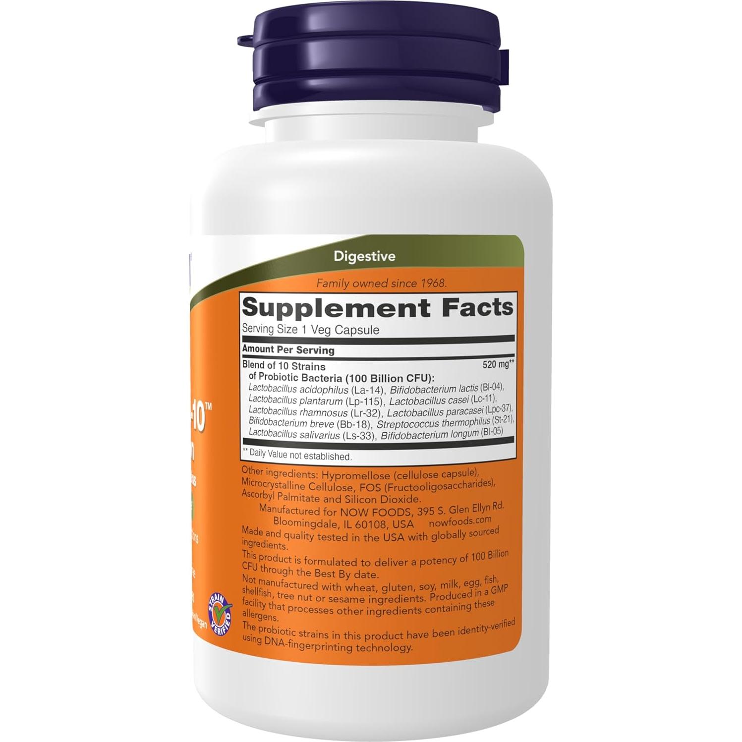 NOW Foods Probiotic-10 100 Mil Millones 10 Cepas 60 Cápsulas Veganas