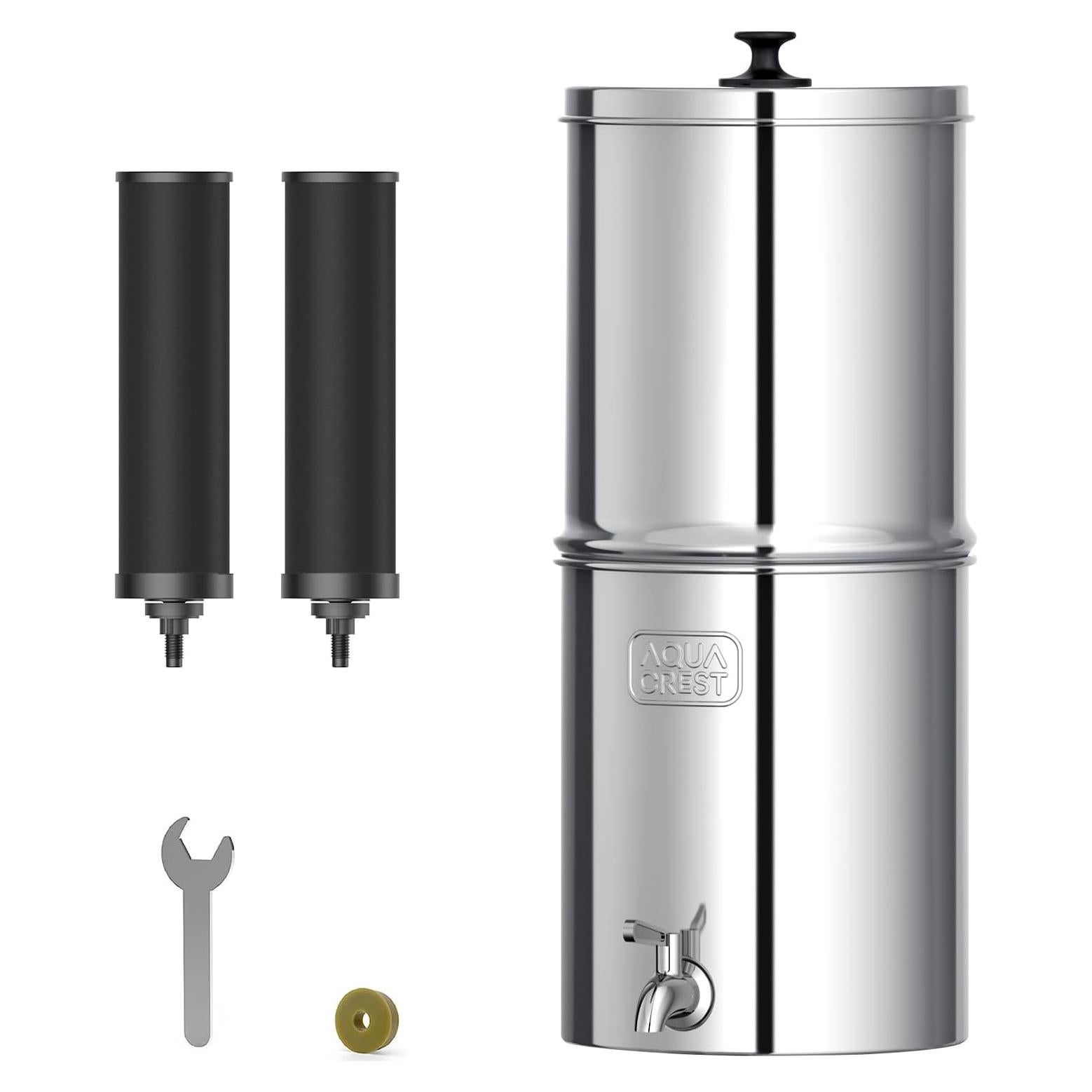 AQUA CREST Gravity Water Filter System, NSF/ANSI 42&372 Certified Black Carbon Filters, Reduce Lead and Up to 99% Chlorine, 2.25G, for Home, Camping, RVing, Off-Grid, Emergencies, AQ-TN-A