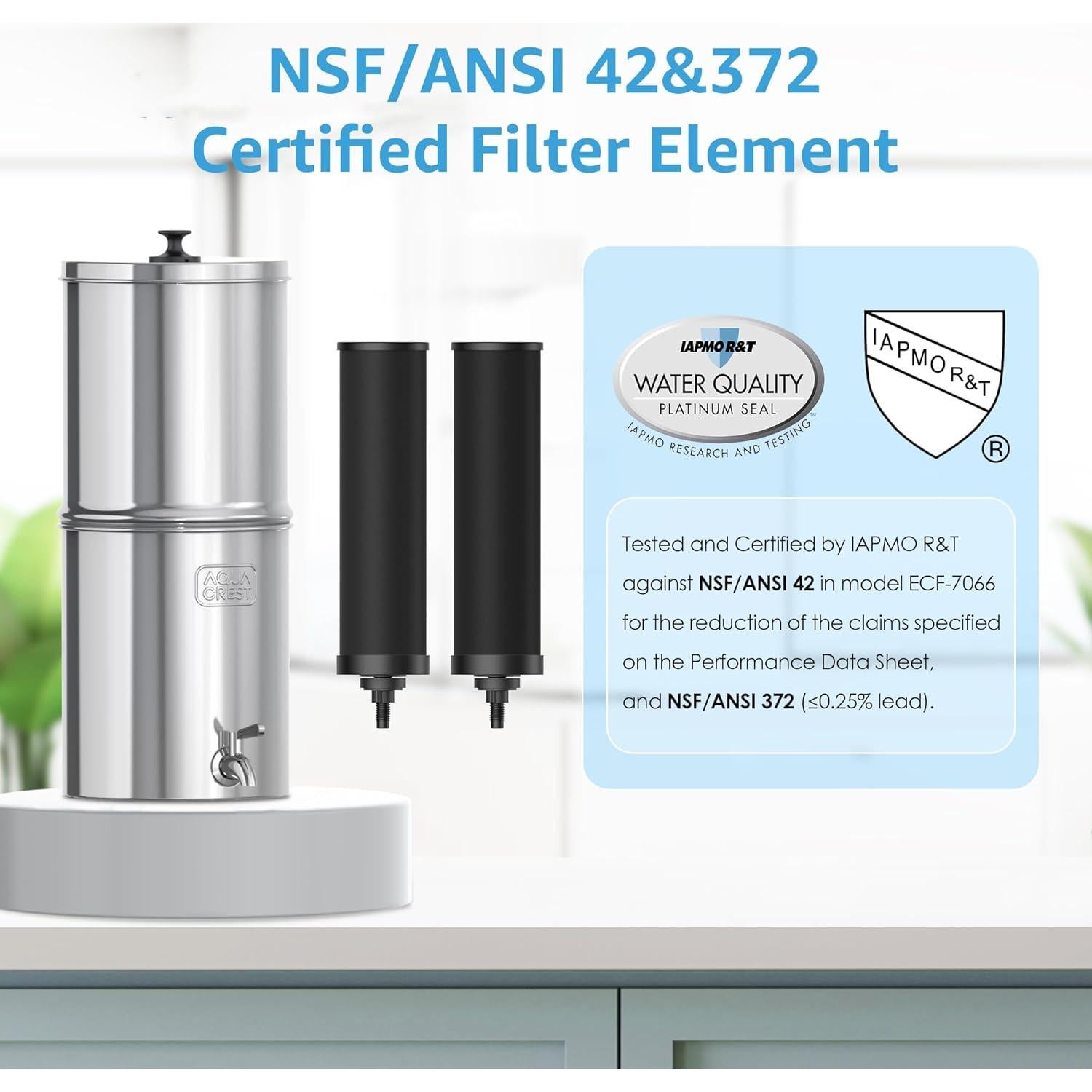 AQUA CREST Gravity Water Filter System, NSF/ANSI 42&372 Certified Black Carbon Filters, Reduce Lead and Up to 99% Chlorine, 2.25G, for Home, Camping, RVing, Off-Grid, Emergencies, AQ-TN-A