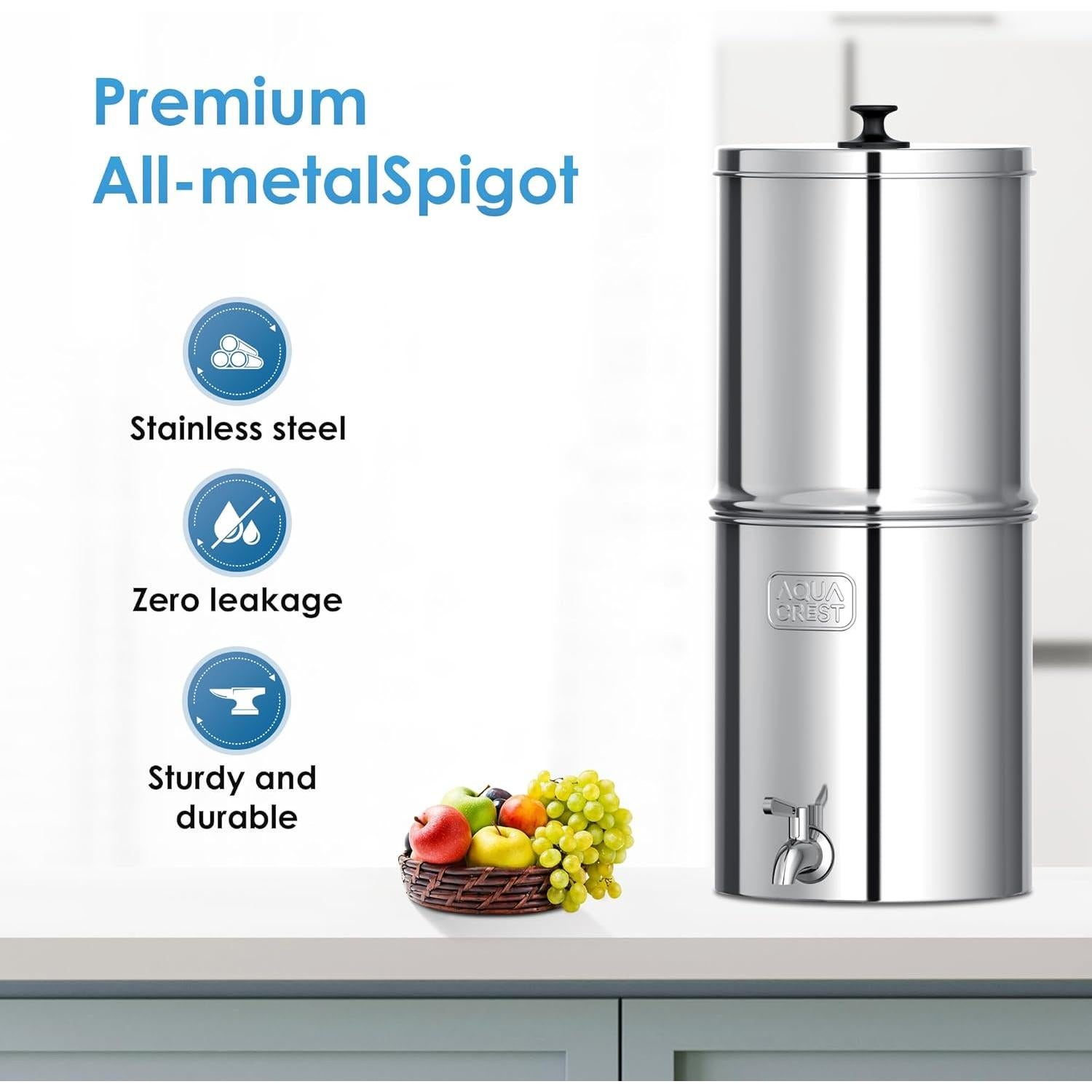 AQUA CREST Gravity Water Filter System, NSF/ANSI 42&372 Certified Black Carbon Filters, Reduce Lead and Up to 99% Chlorine, 2.25G, for Home, Camping, RVing, Off-Grid, Emergencies, AQ-TN-A