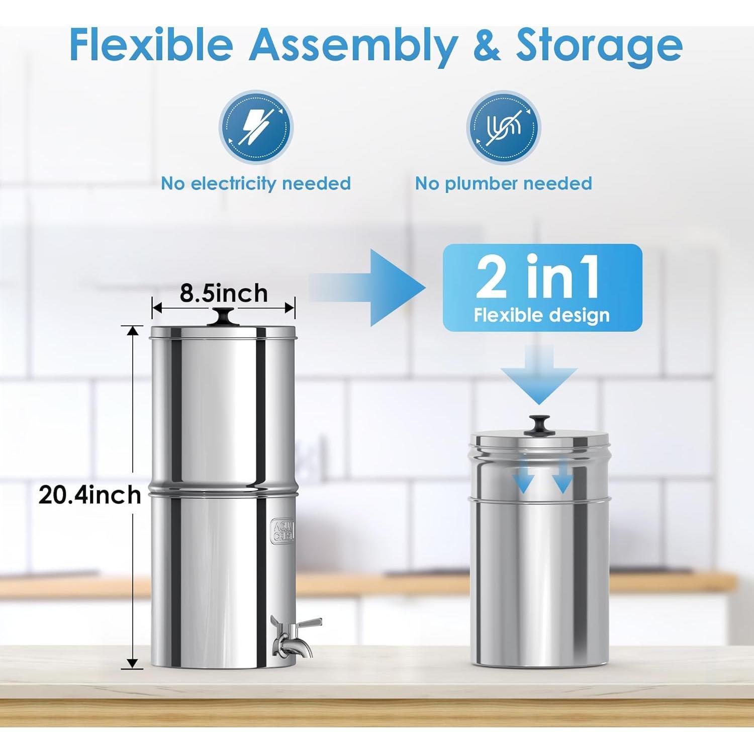 AQUA CREST Gravity Water Filter System, NSF/ANSI 42&372 Certified Black Carbon Filters, Reduce Lead and Up to 99% Chlorine, 2.25G, for Home, Camping, RVing, Off-Grid, Emergencies, AQ-TN-A