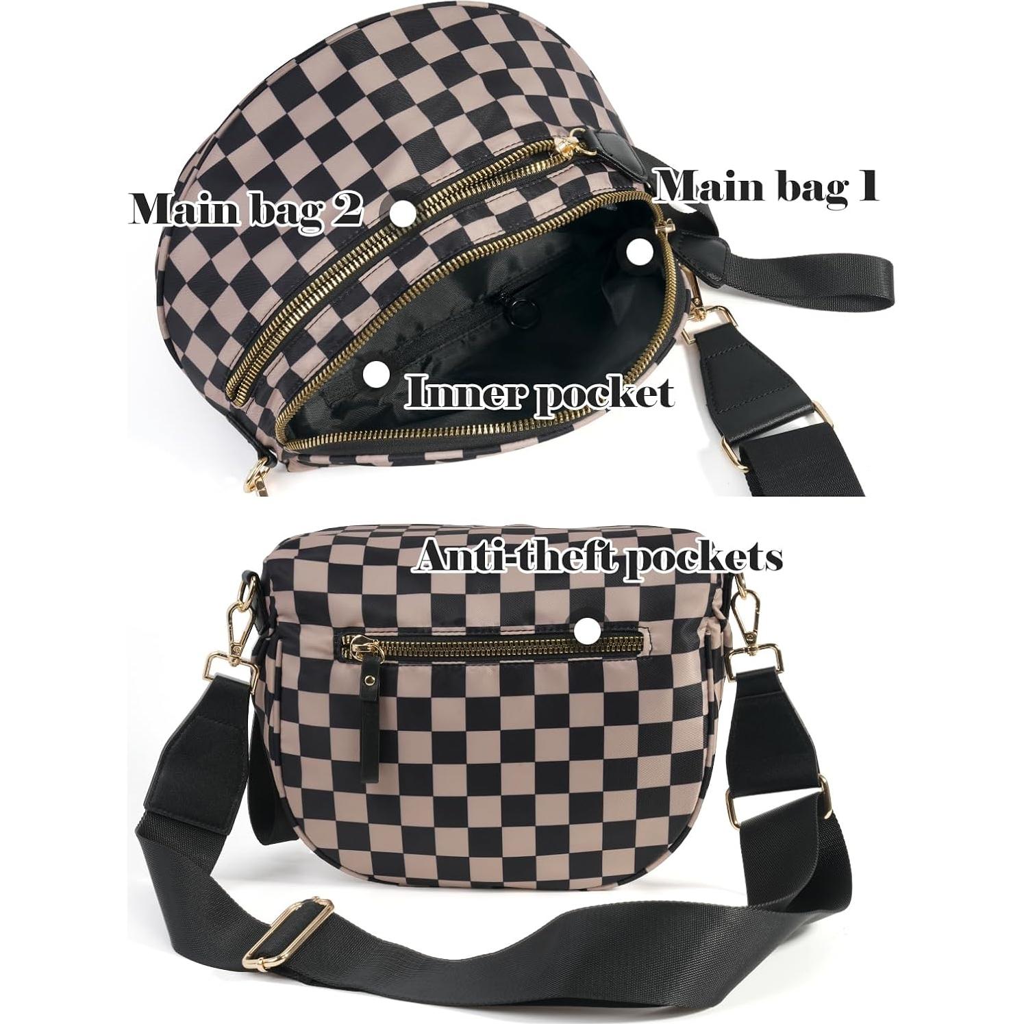 Bolso Cruzado MEISEY Cuadros Blanco y Negro 32.5x14.2x22.4cm