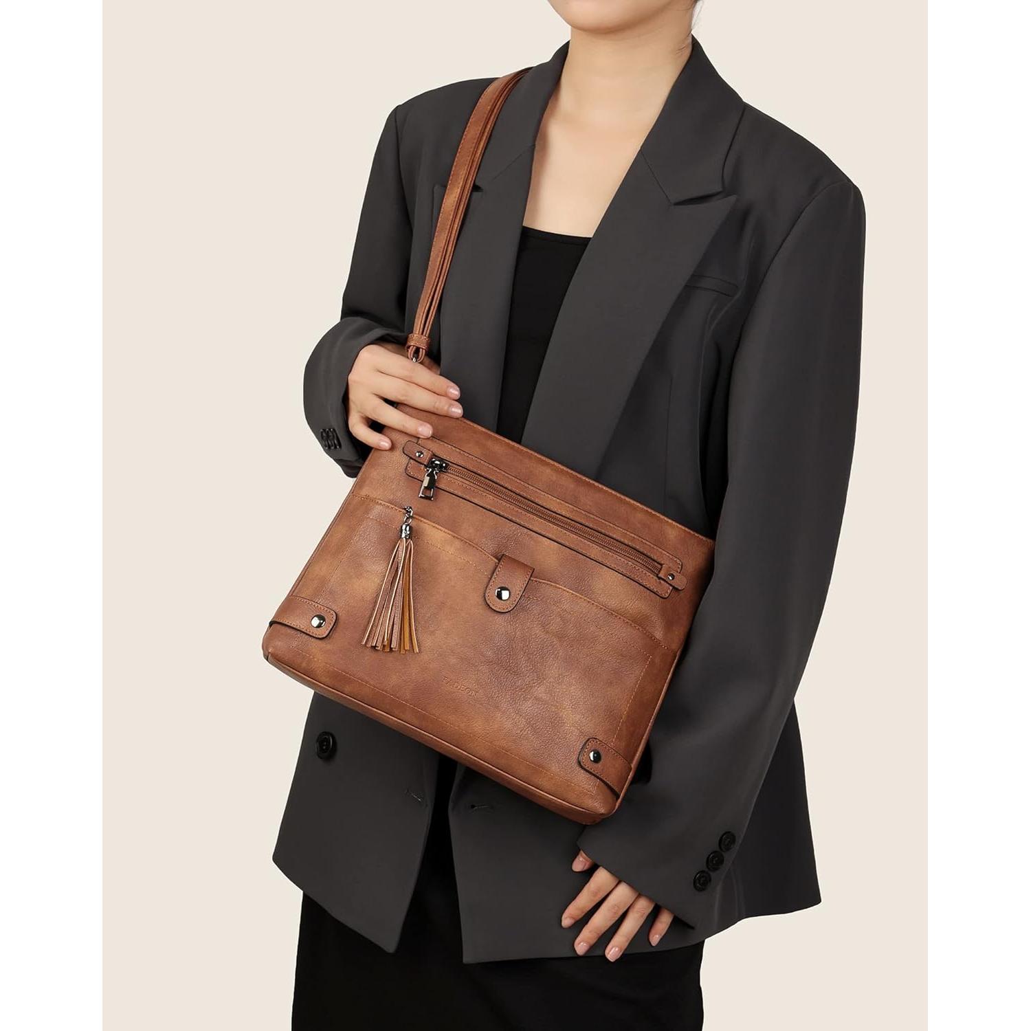 Bolso Cruzado Grande FADEON de Cuero para Mujeres - Marrón Retro