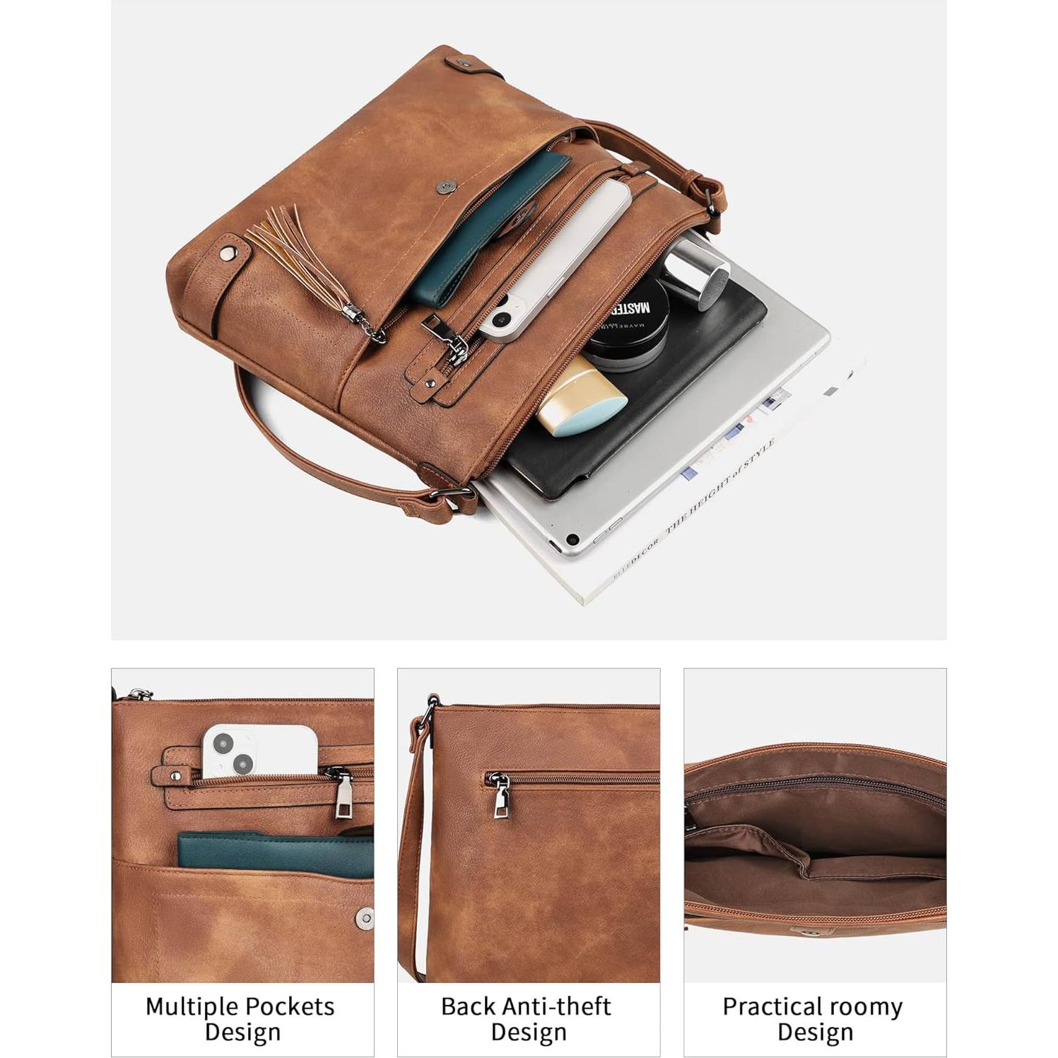 Bolso Cruzado Grande FADEON de Cuero para Mujeres - Marrón Retro