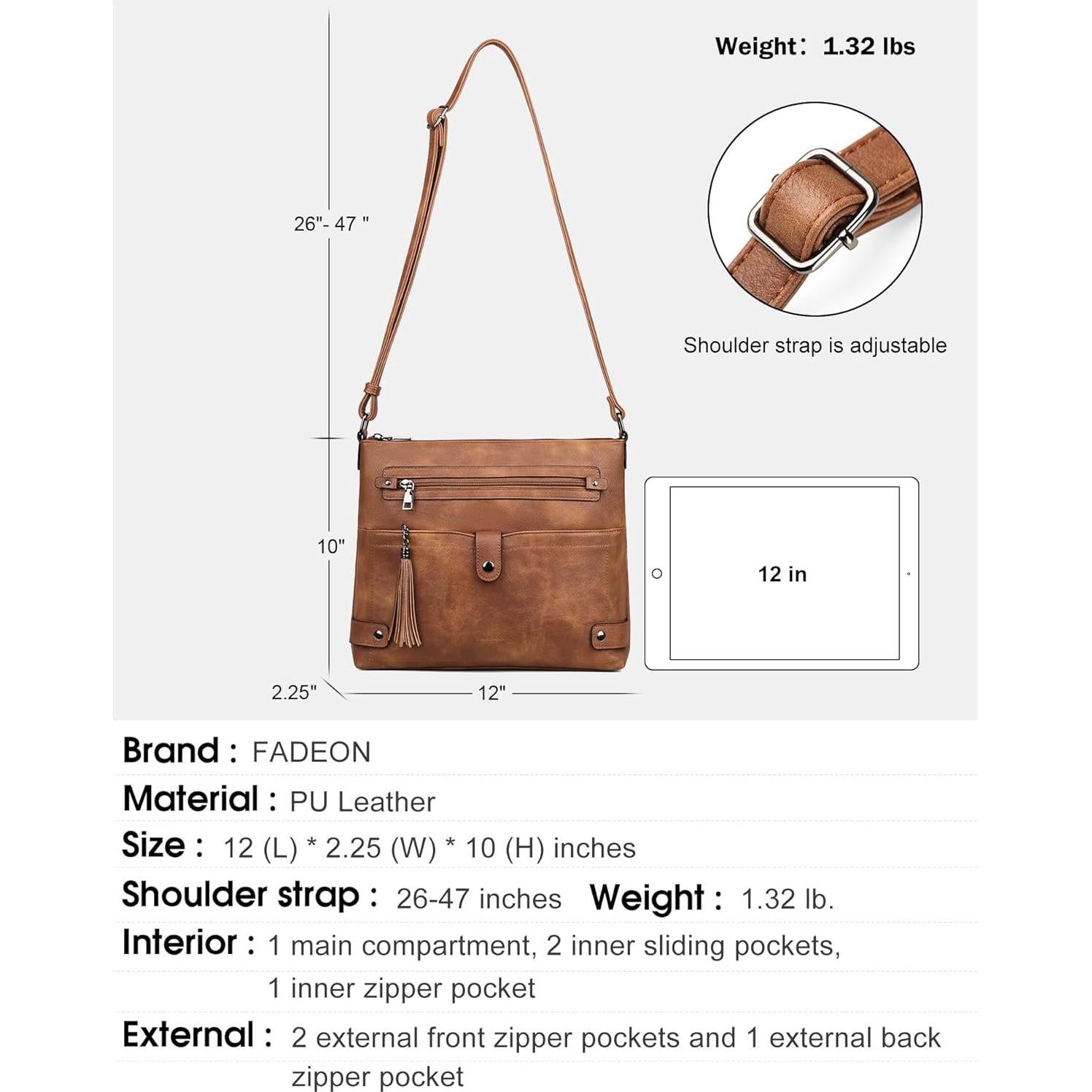 Bolso Cruzado Grande FADEON de Cuero para Mujeres - Marrón Retro