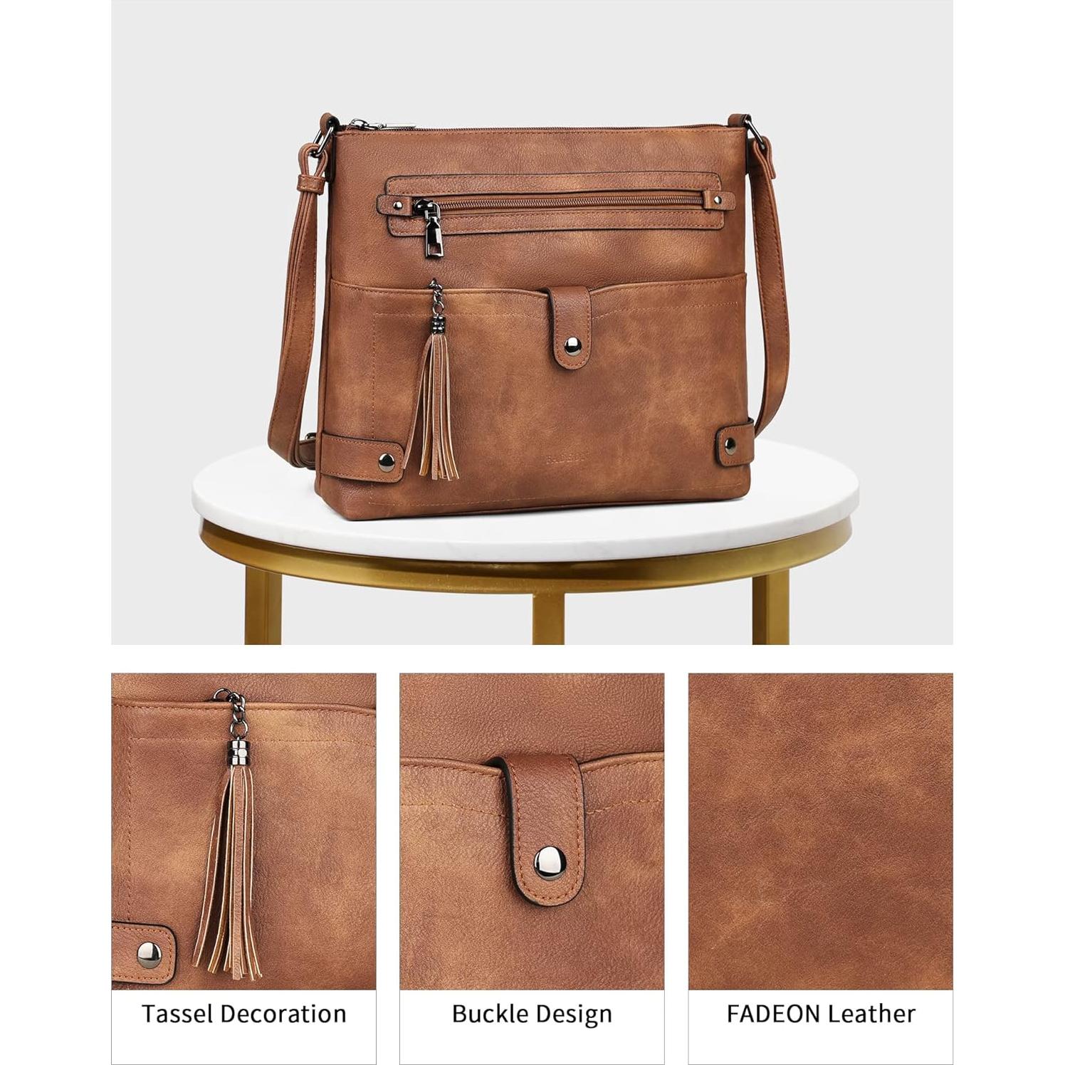 Bolso Cruzado Grande FADEON de Cuero para Mujeres - Marrón Retro