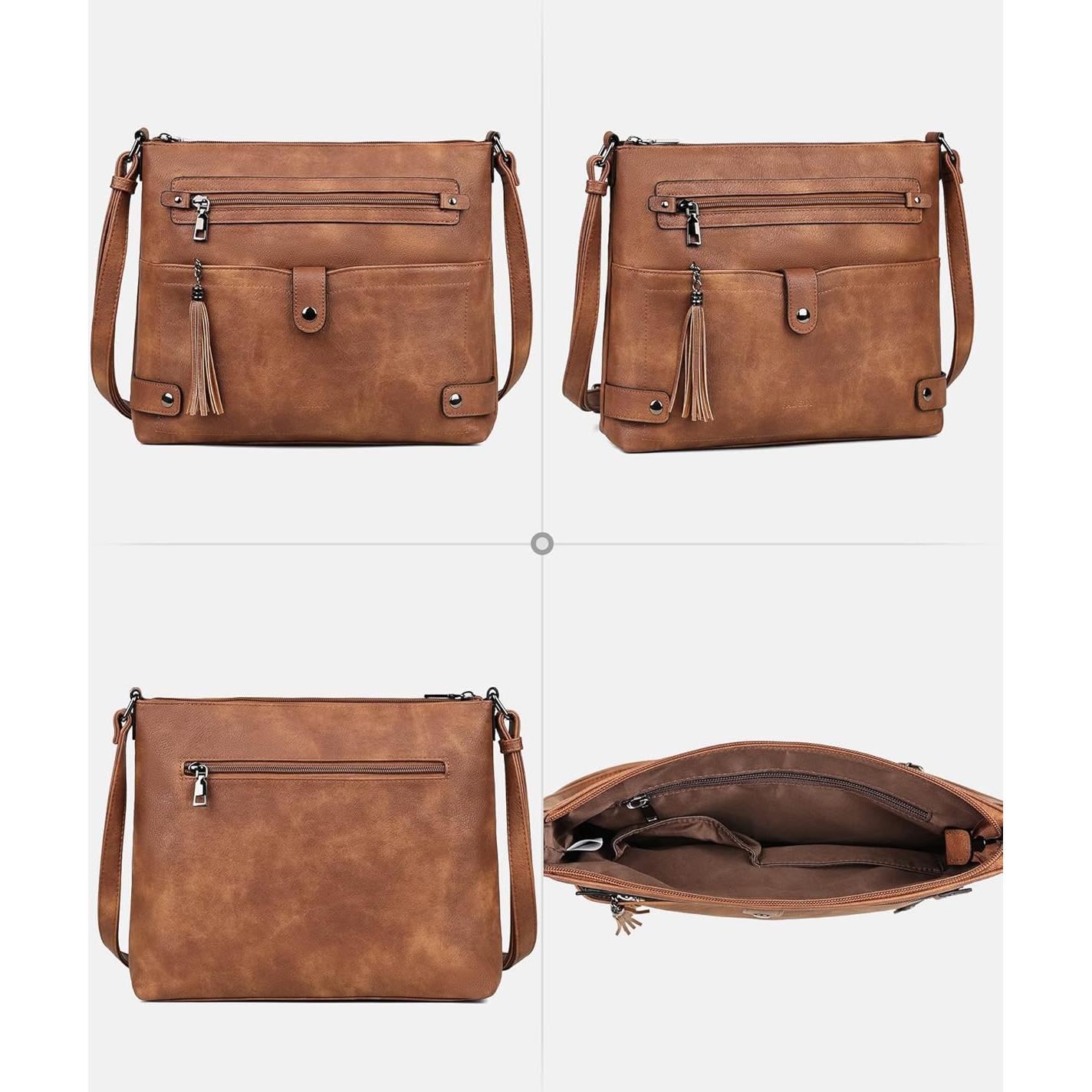 Bolso Cruzado Grande FADEON de Cuero para Mujeres - Marrón Retro