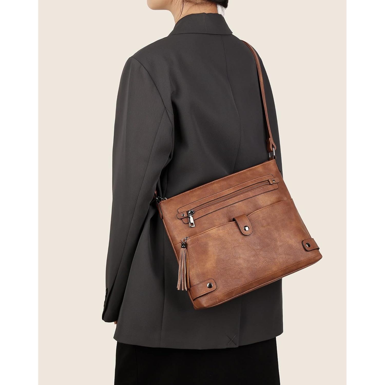 Bolso Cruzado Grande FADEON de Cuero para Mujeres - Marrón Retro