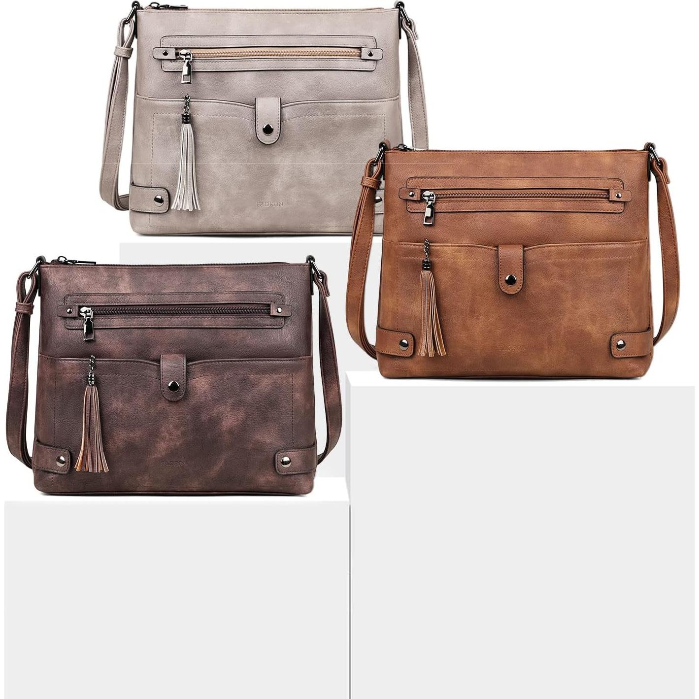 Bolso Cruzado Grande FADEON de Cuero para Mujeres - Marrón Retro