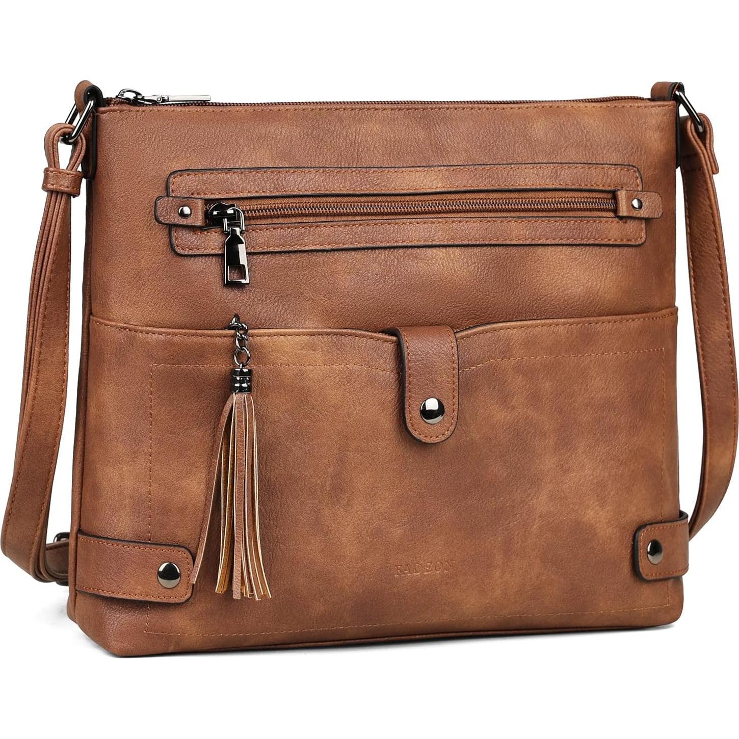 Bolso Cruzado Grande FADEON de Cuero para Mujeres - Marrón Retro