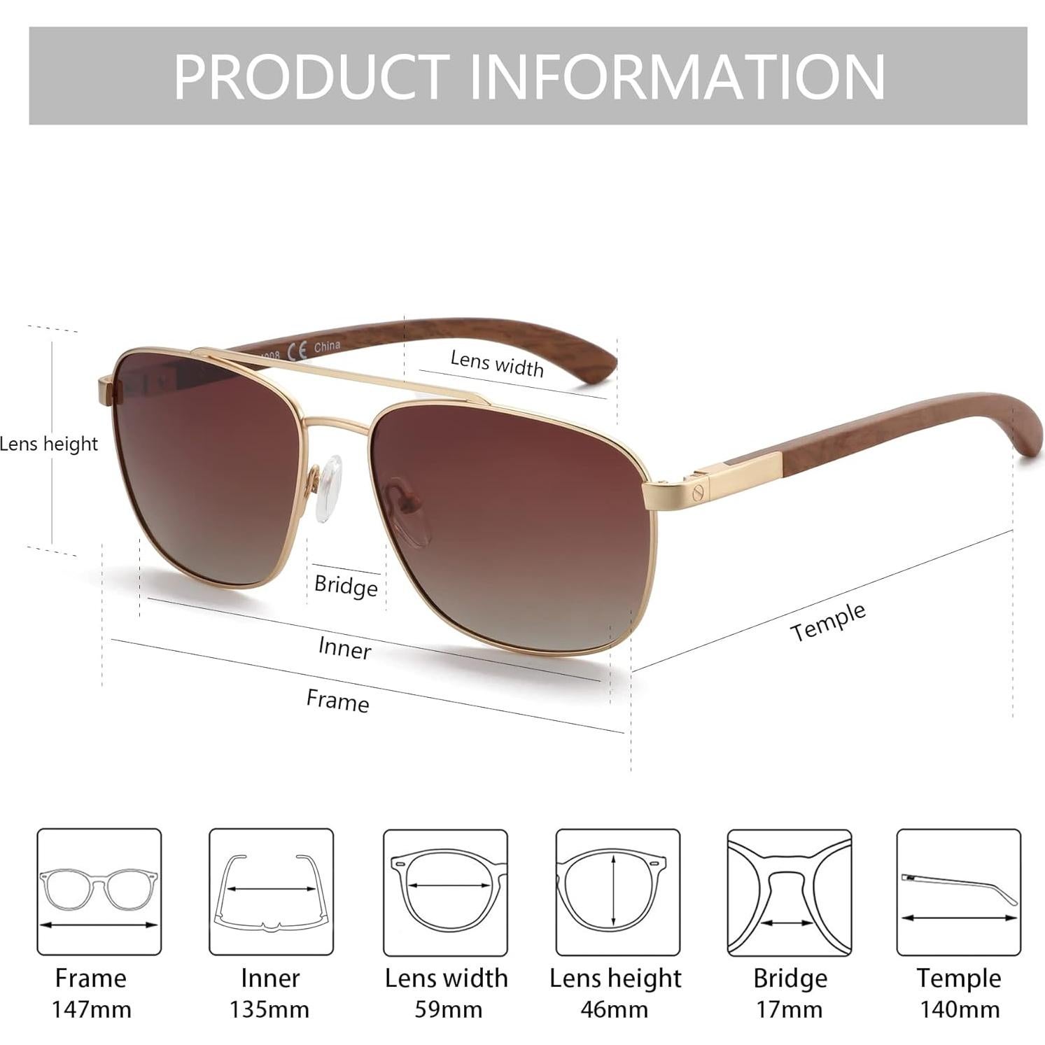 Gafas de sol aviador Zenottic de madera polarizadas UV400