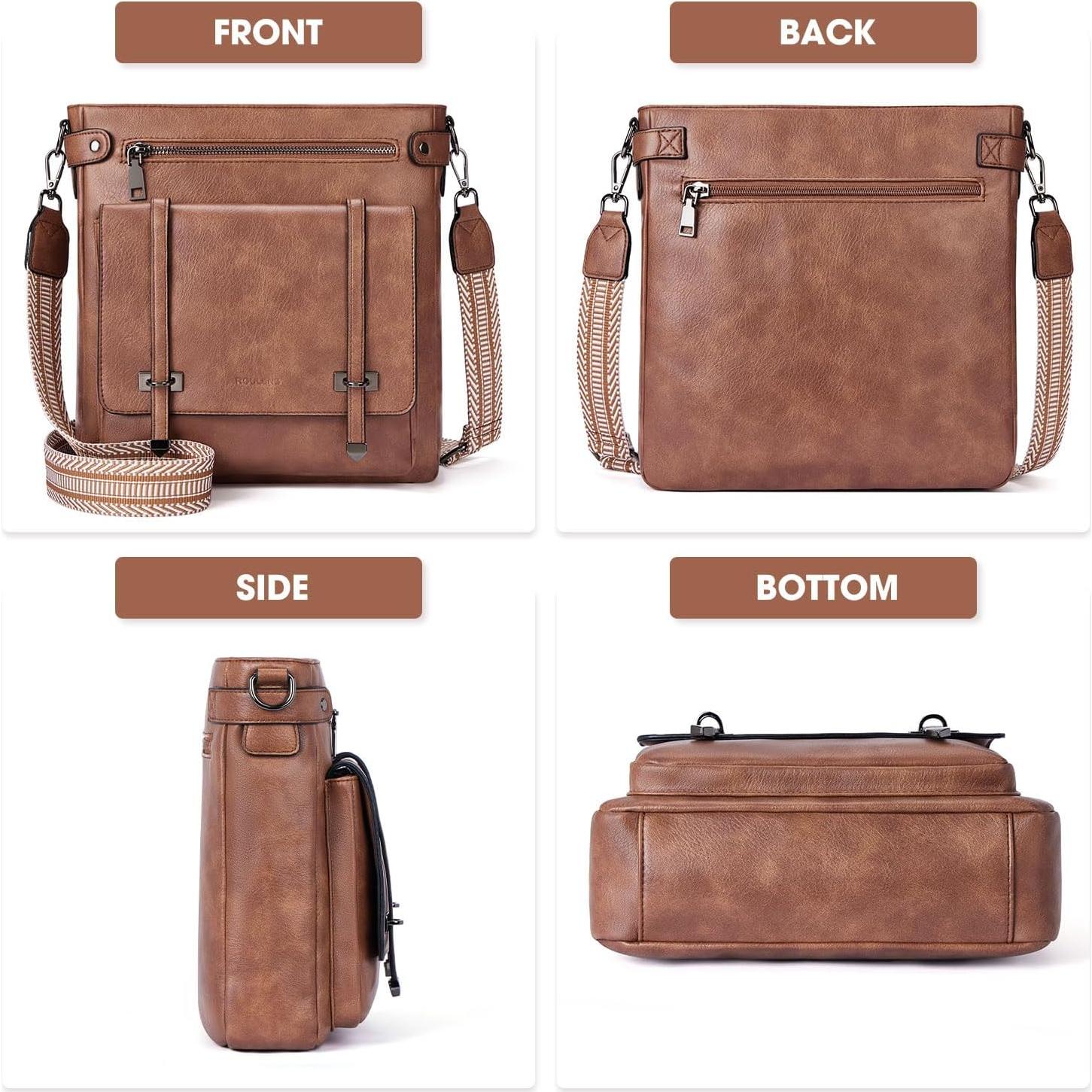 Bolso Cruzado de Cuero Vegano para Mujeres Marrón 27.9x11.9 cm