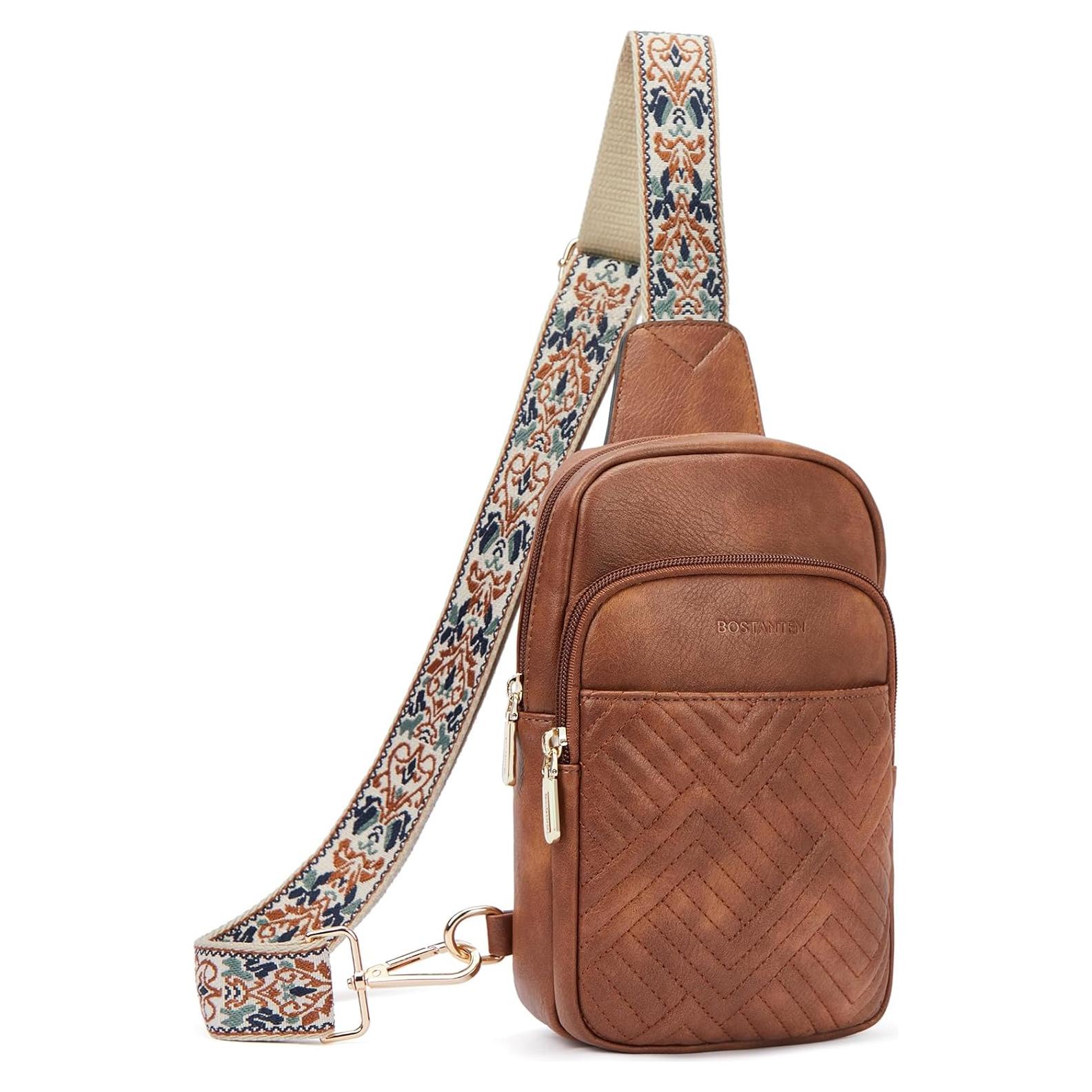 BOSTANTEN Sling Bag Quilted Crossbody Bags for Women Cross Body Purse Leather Fanny Pack with Adjustable Guitar Strap