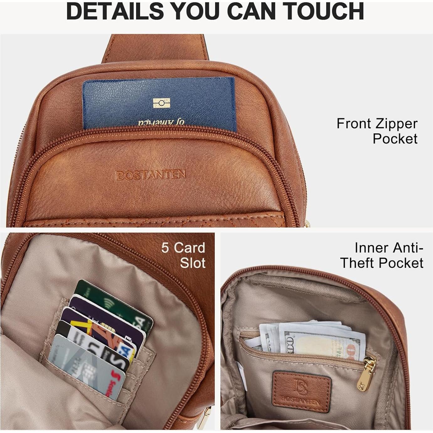 BOSTANTEN Sling Bag Quilted Crossbody Bags for Women Cross Body Purse Leather Fanny Pack with Adjustable Guitar Strap