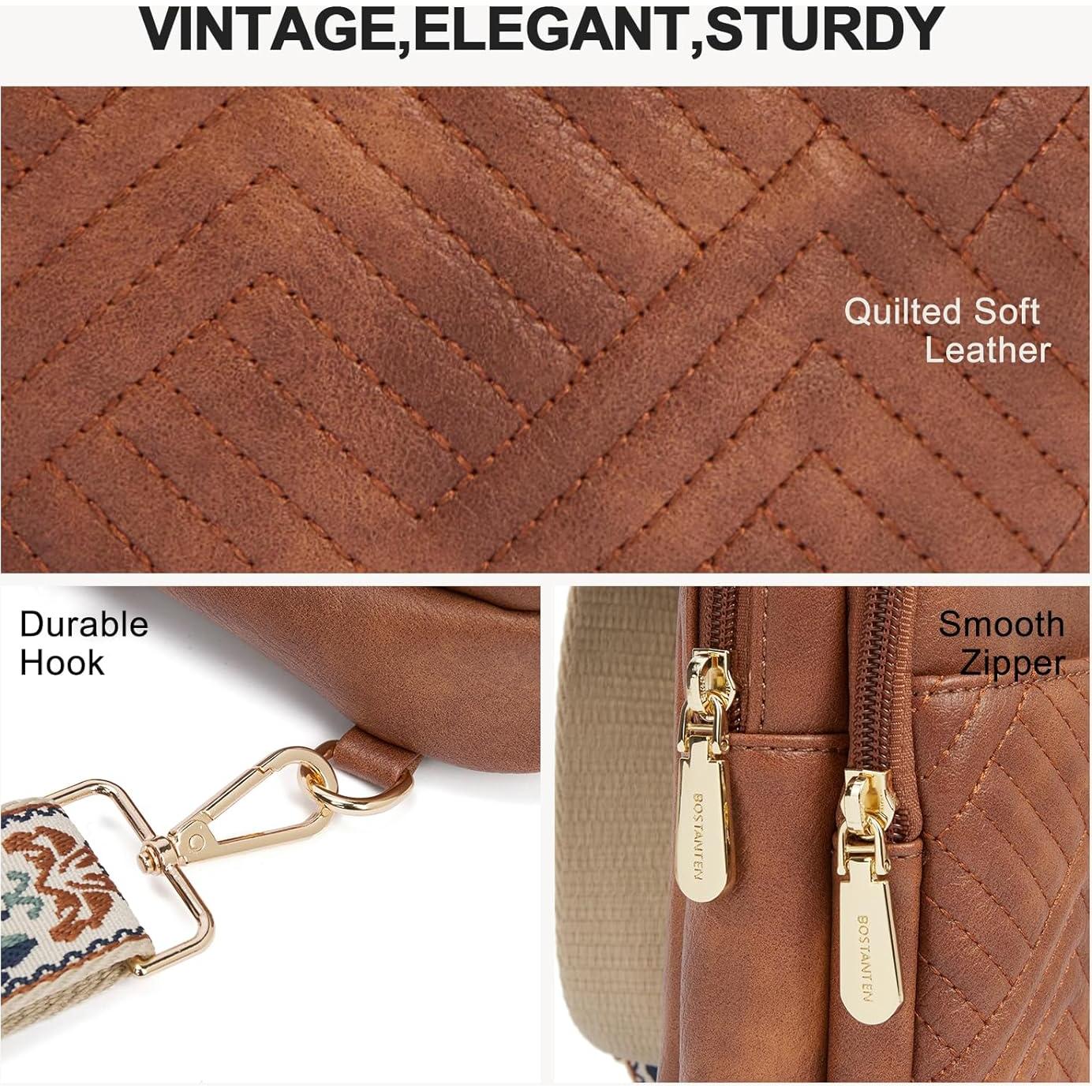 BOSTANTEN Sling Bag Quilted Crossbody Bags for Women Cross Body Purse Leather Fanny Pack with Adjustable Guitar Strap