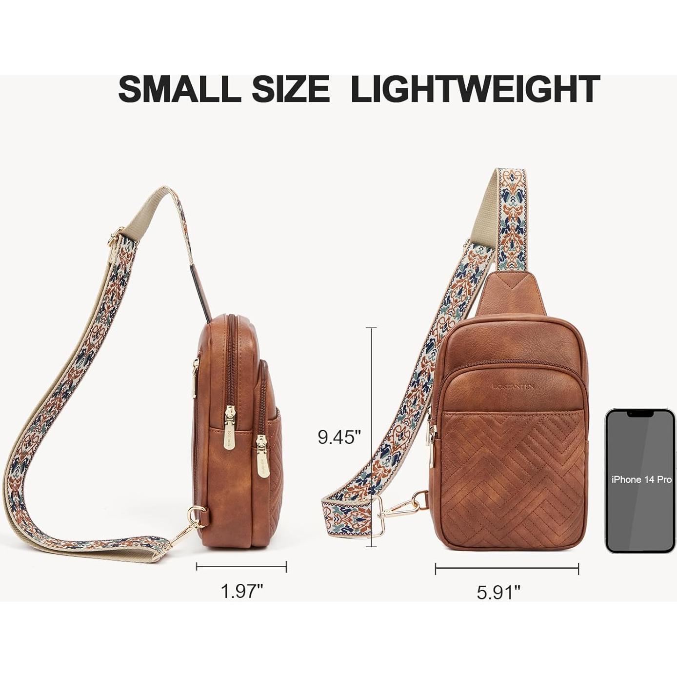 BOSTANTEN Sling Bag Quilted Crossbody Bags for Women Cross Body Purse Leather Fanny Pack with Adjustable Guitar Strap