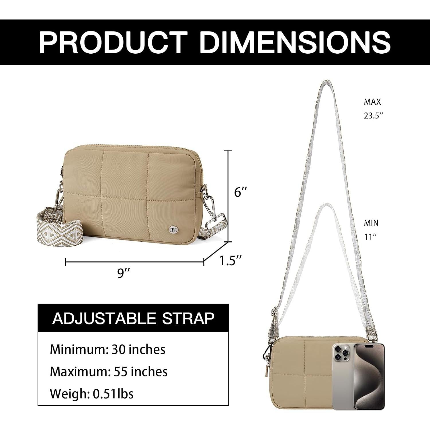 Bolso Cruzado Telena para Mujeres Caqui Acolchado 22.86x15.24cm