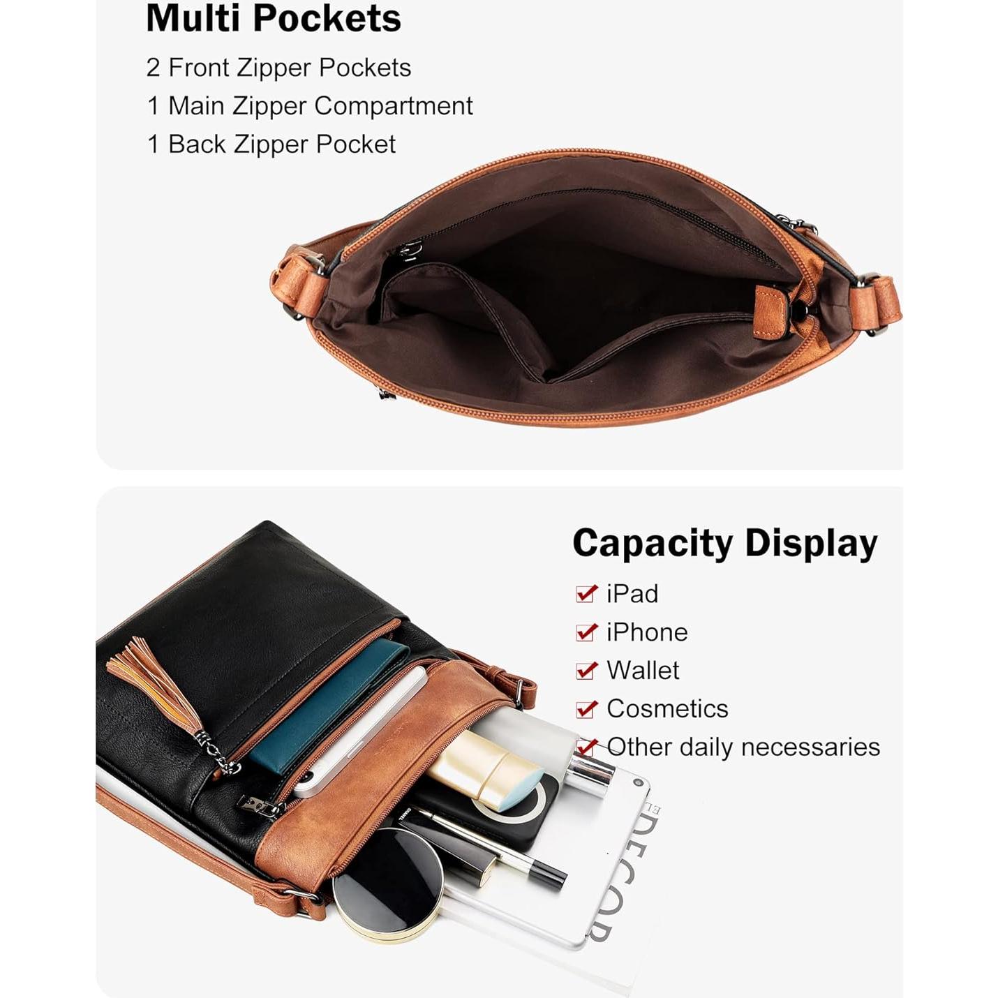 Bolso Cruzado MASINTOR para Mujeres - Cuero Vegano, Negro Marrón