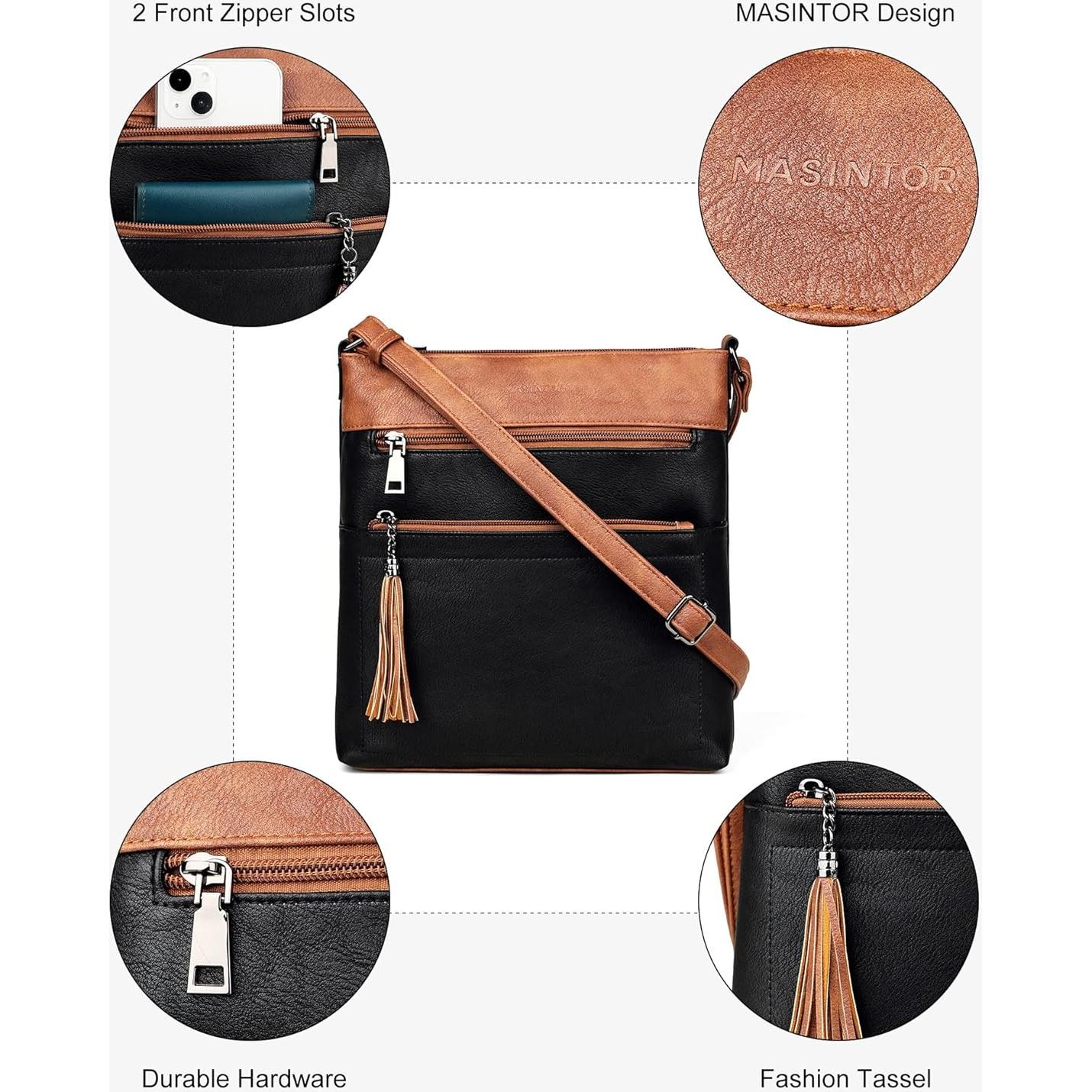 Bolso Cruzado MASINTOR para Mujeres - Cuero Vegano, Negro Marrón