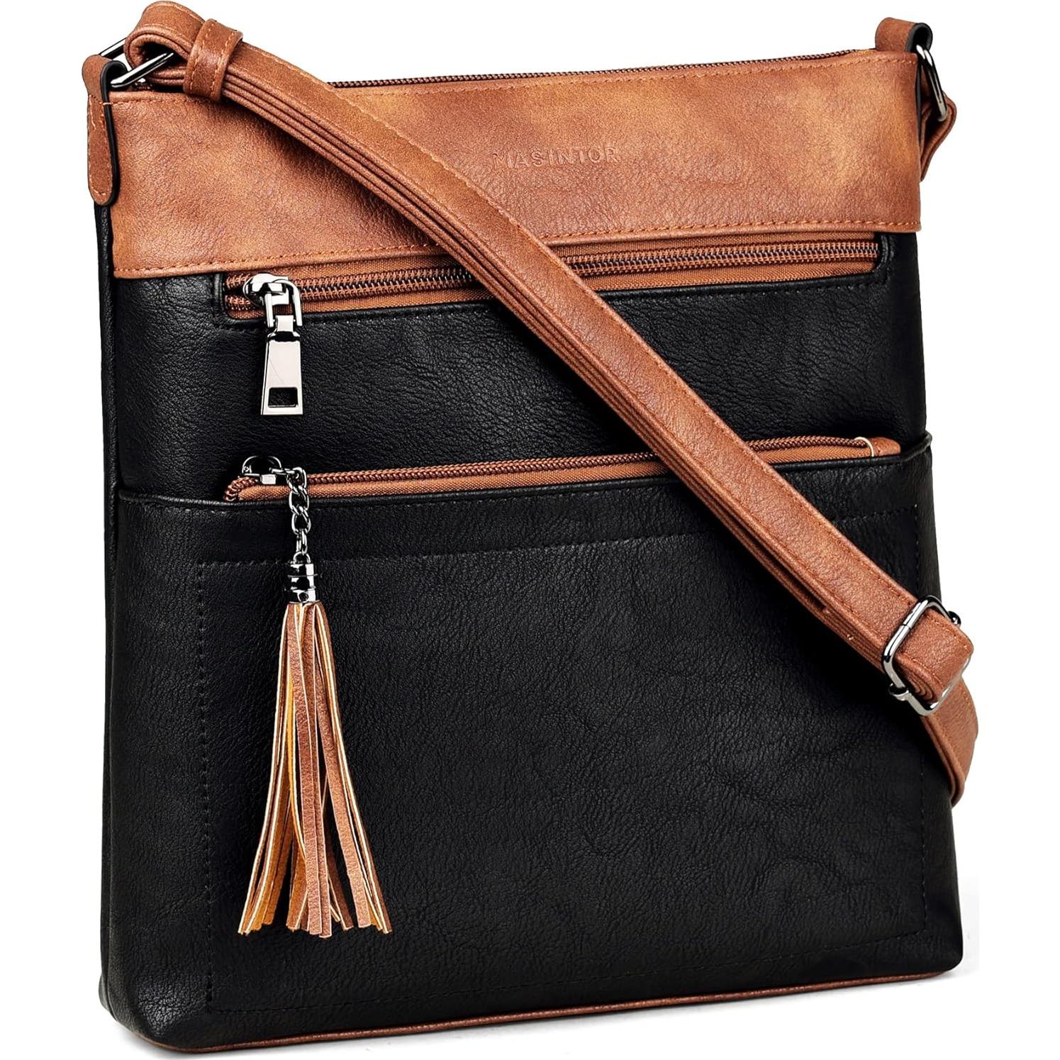 Bolso Cruzado MASINTOR para Mujeres - Cuero Vegano, Negro Marrón