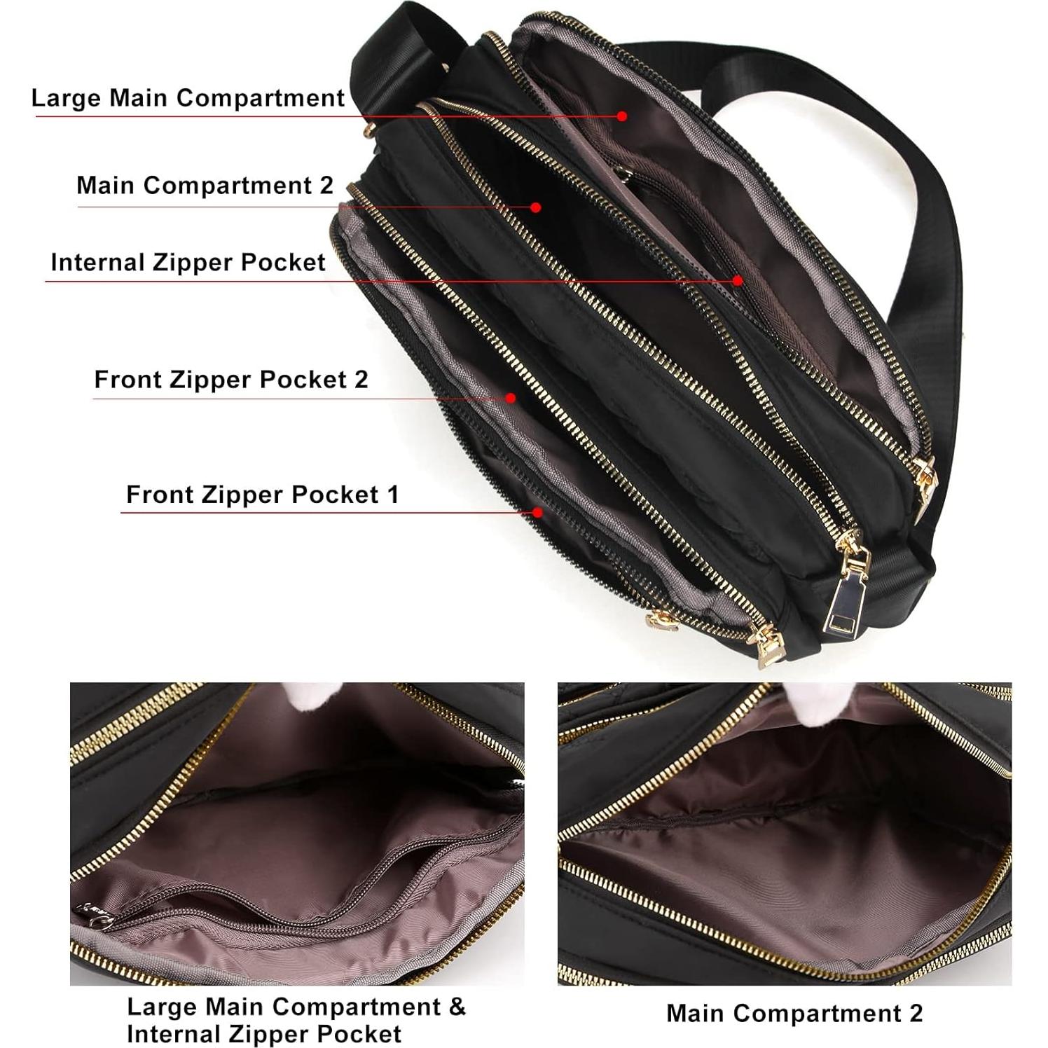 Bolso Cruzado de Nylon Impermeable para Mujeres - Negro