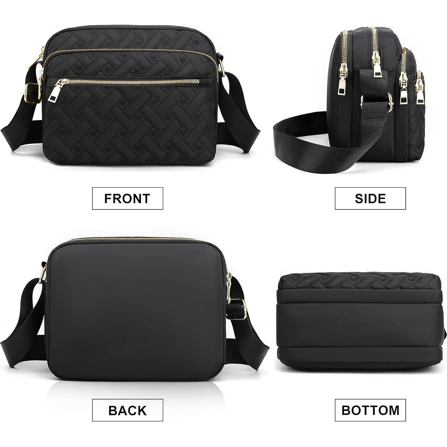 Bolso Cruzado de Nylon Impermeable para Mujeres - Negro