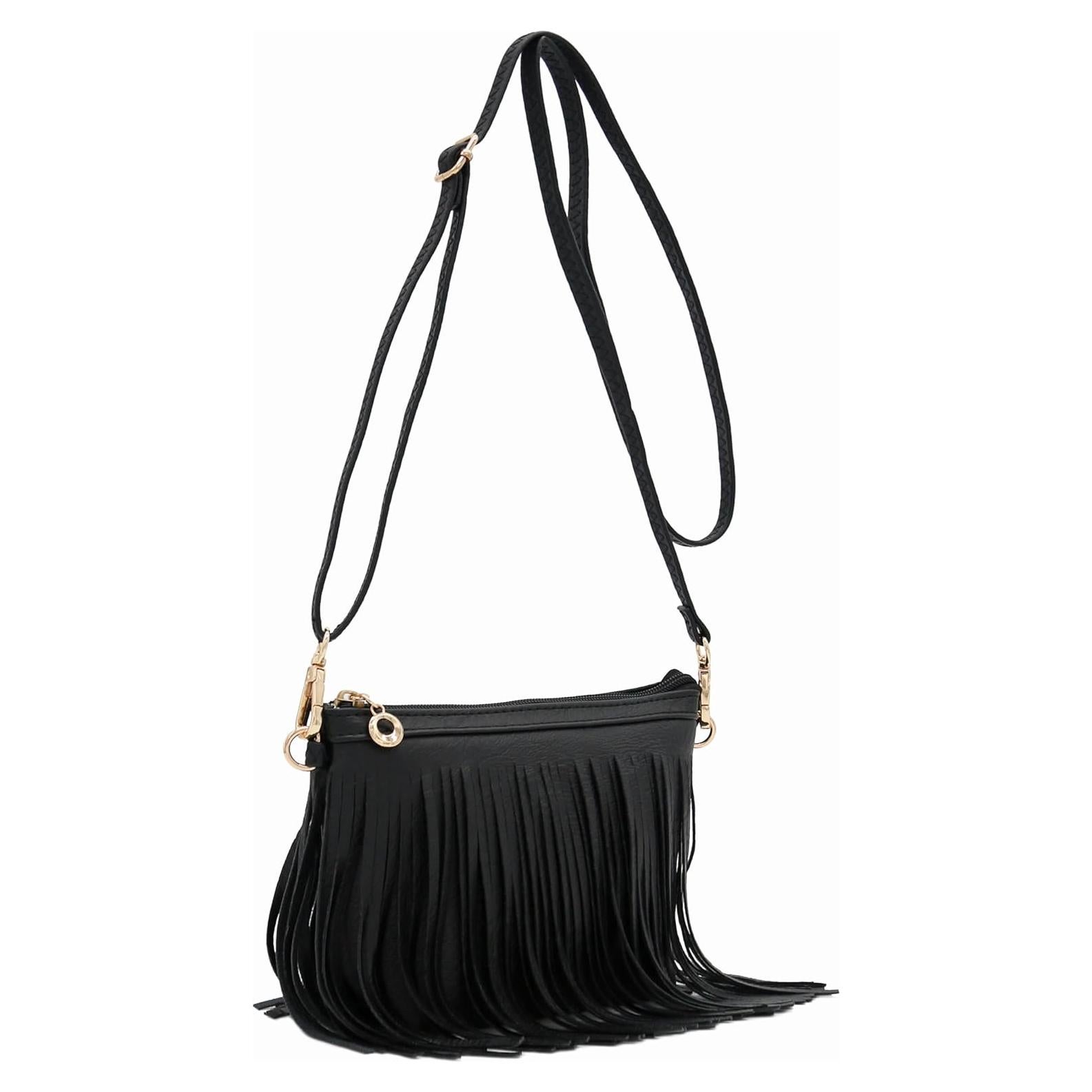 Bolso Cruzado Pequeño Negro con Flecos y Correa Ajustable