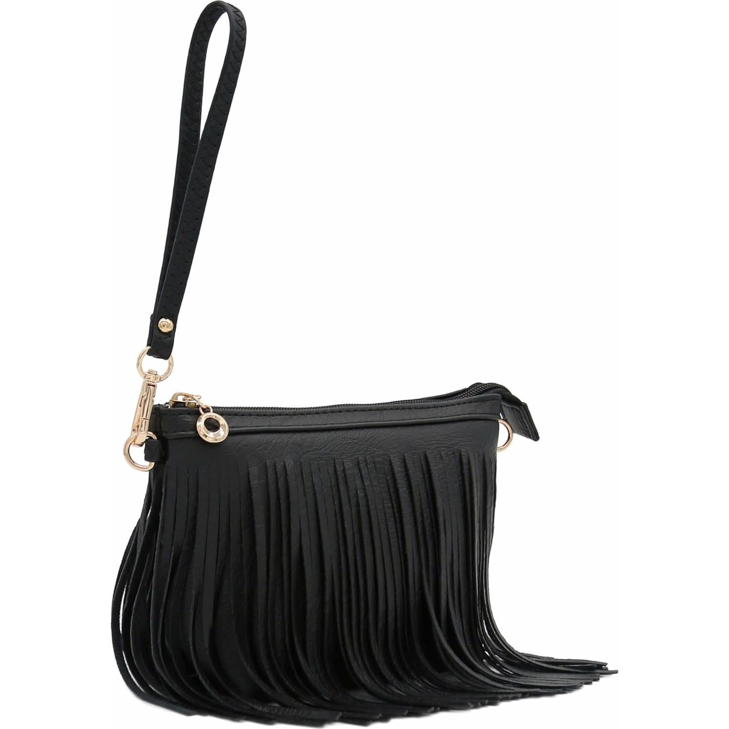 Bolso Cruzado Pequeño Negro con Flecos y Correa Ajustable