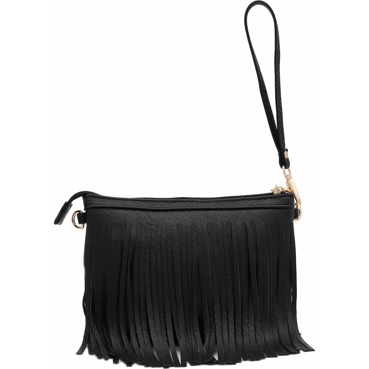 Bolso Cruzado Pequeño Negro con Flecos y Correa Ajustable