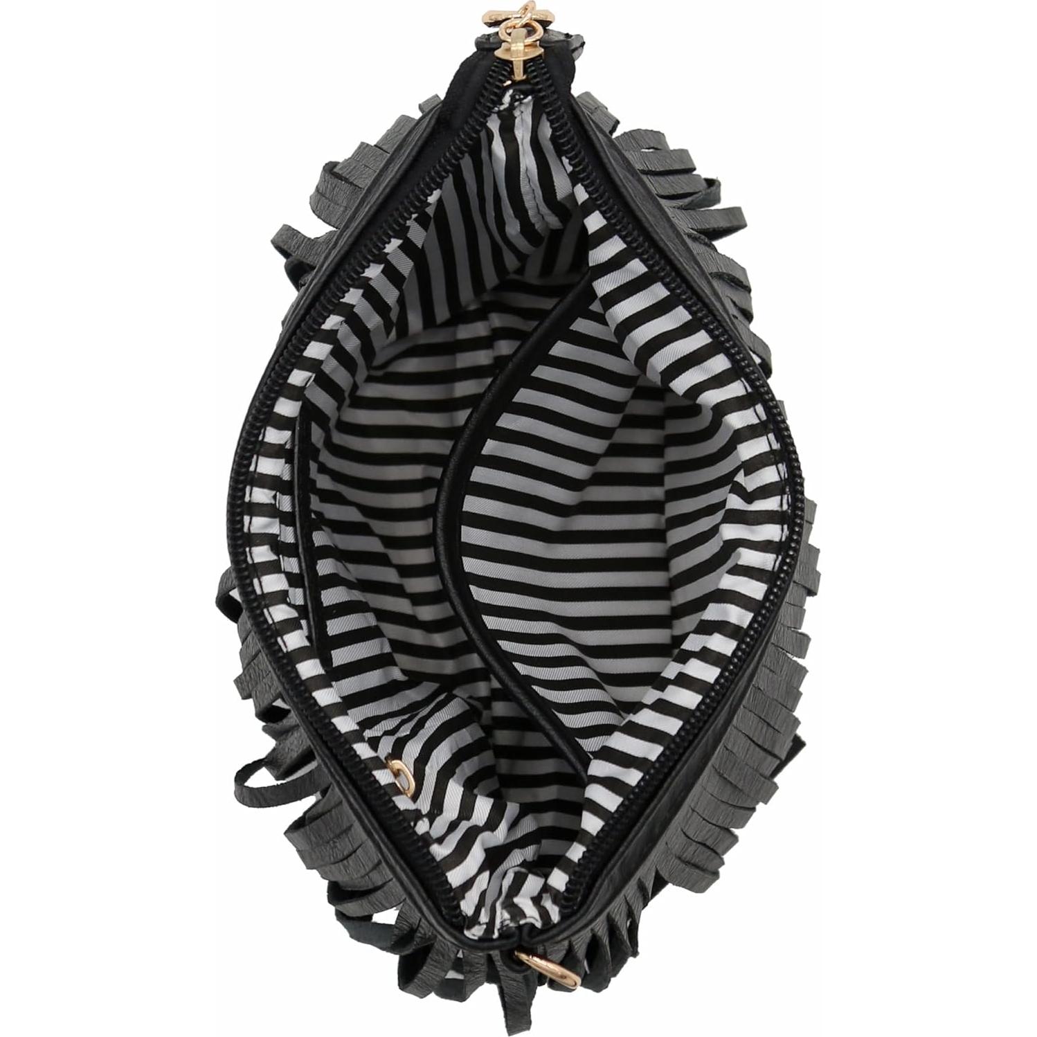 Bolso Cruzado Pequeño Negro con Flecos y Correa Ajustable