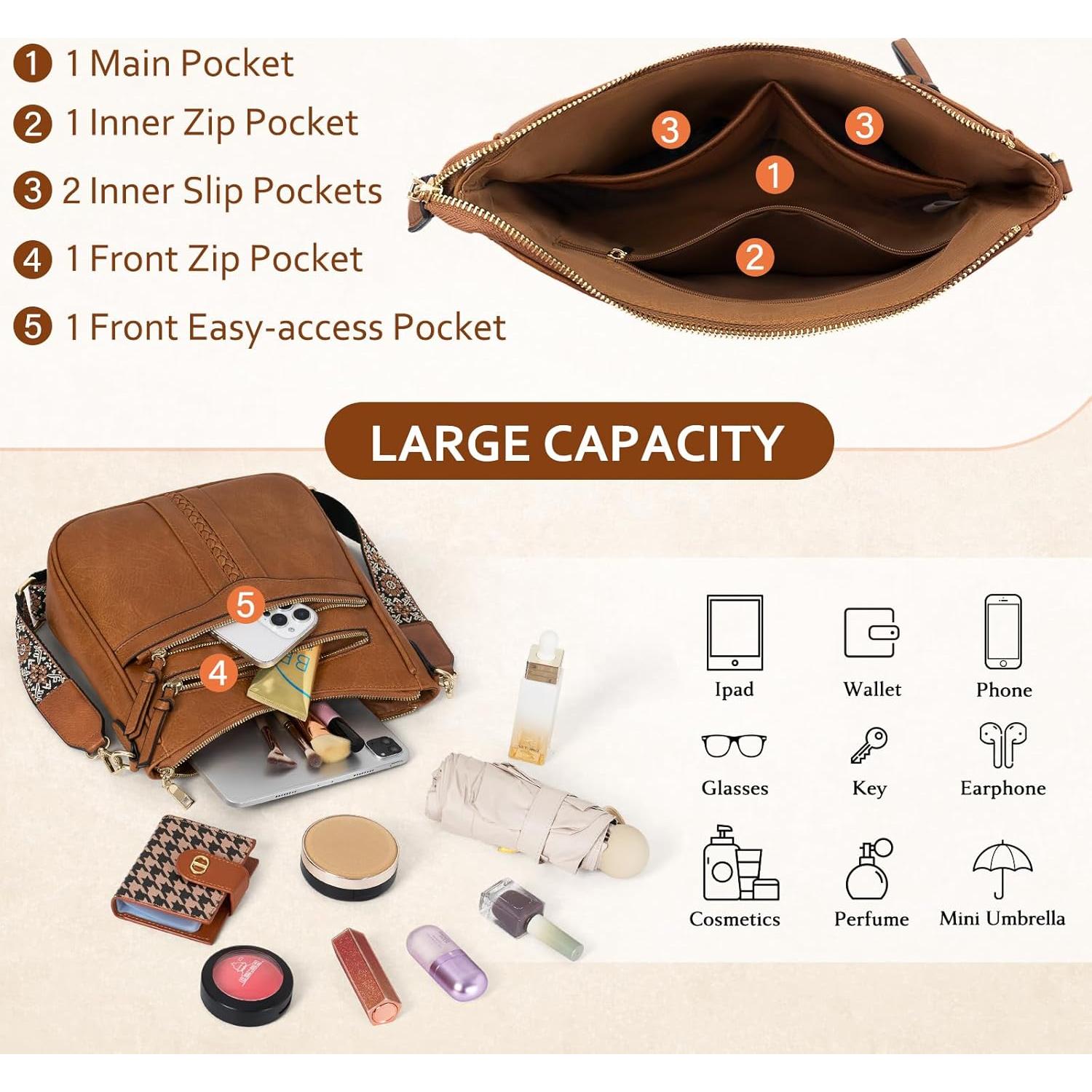 Bolso Cruzado RAINSMORE para Mujeres de Cuero PU Marrón