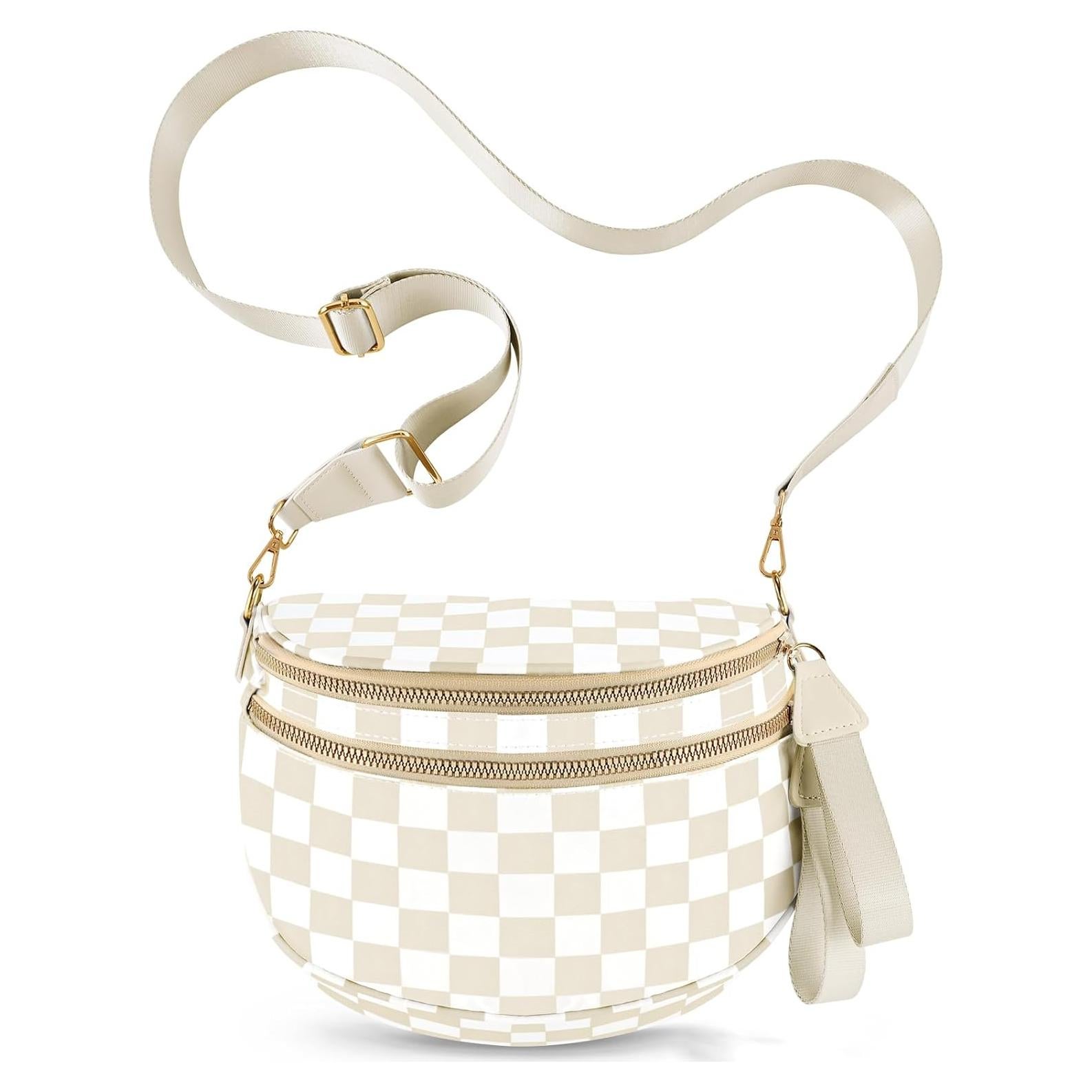 Bolso Cruzado de Nylon Impermeable para Mujeres - Cuadros Beige