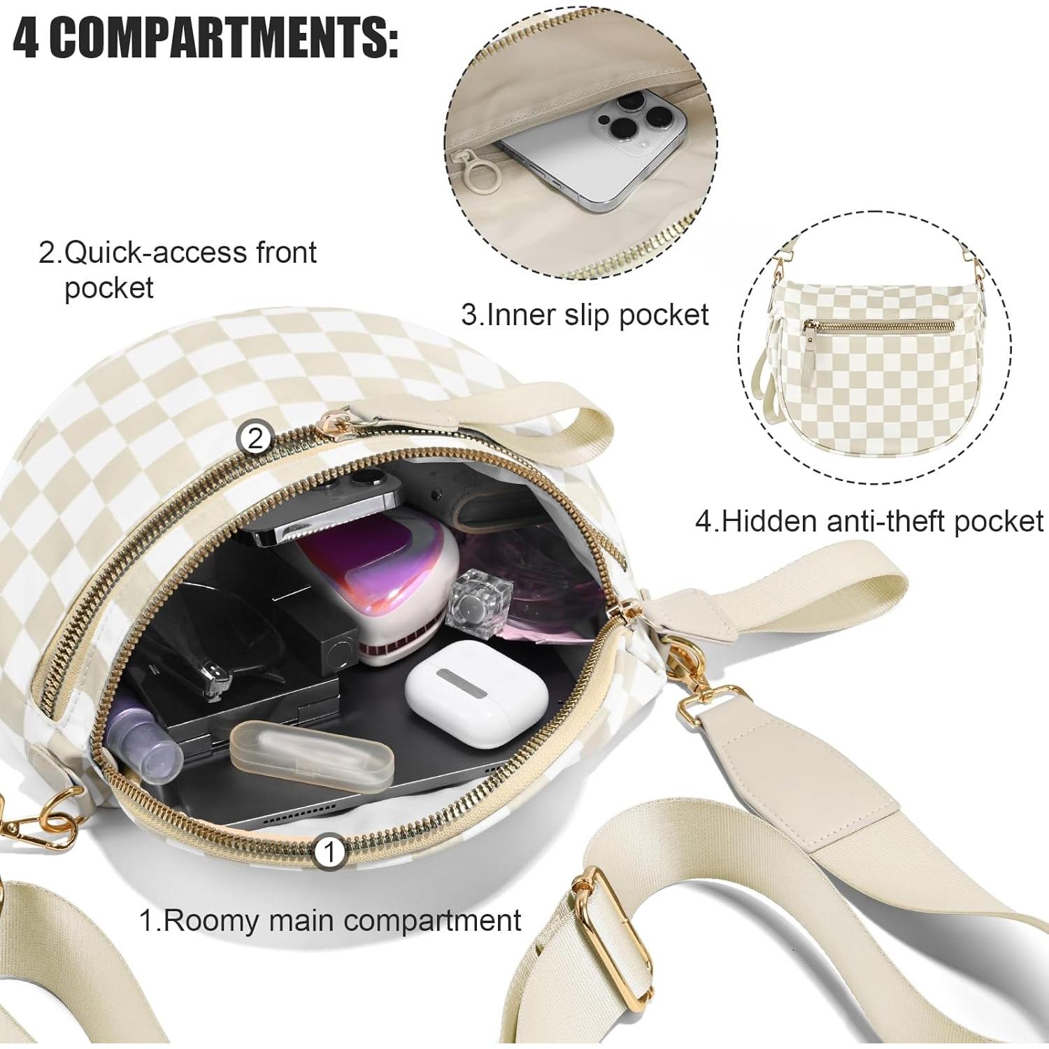 Bolso Cruzado de Nylon Impermeable para Mujeres - Cuadros Beige