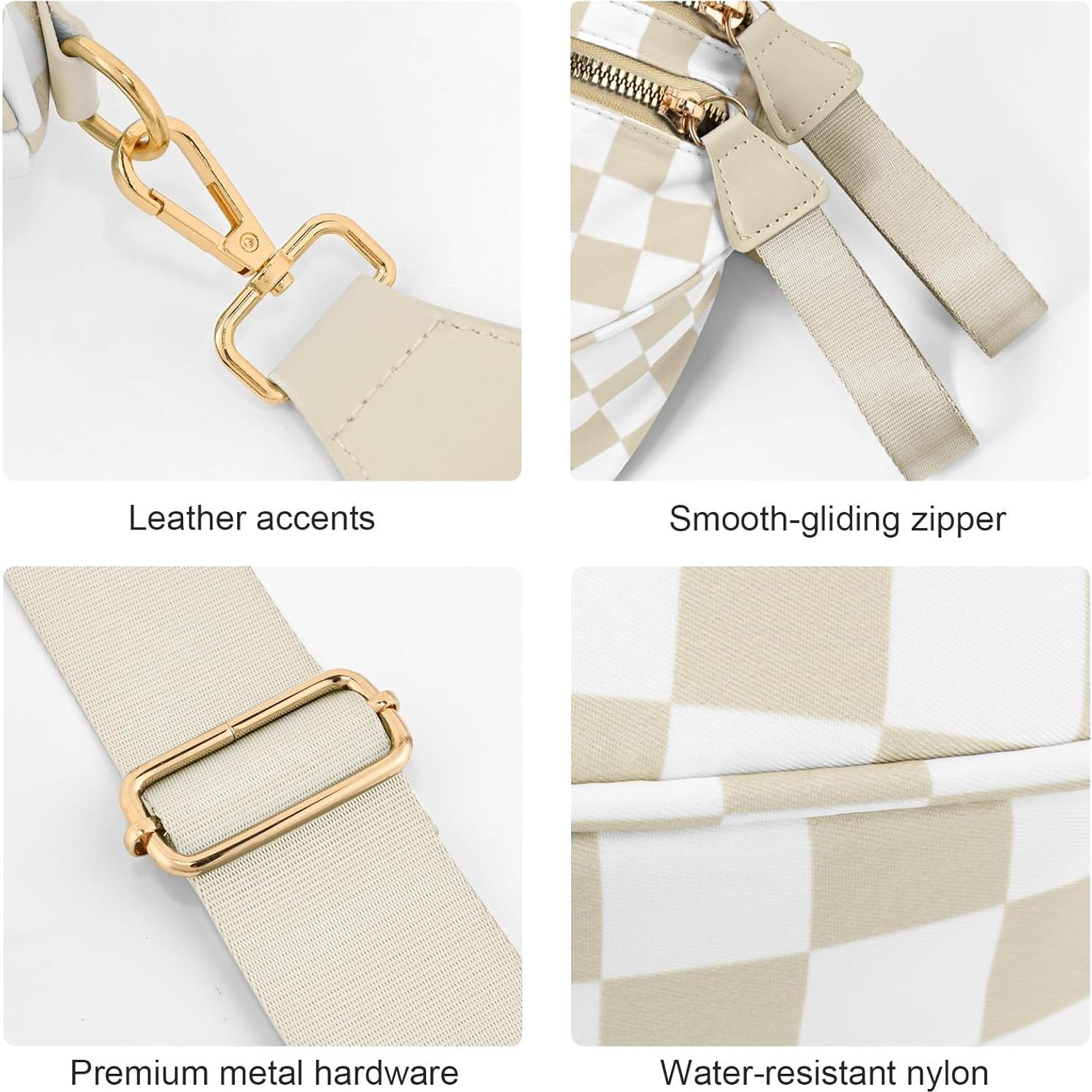 Bolso Cruzado de Nylon Impermeable para Mujeres - Cuadros Beige