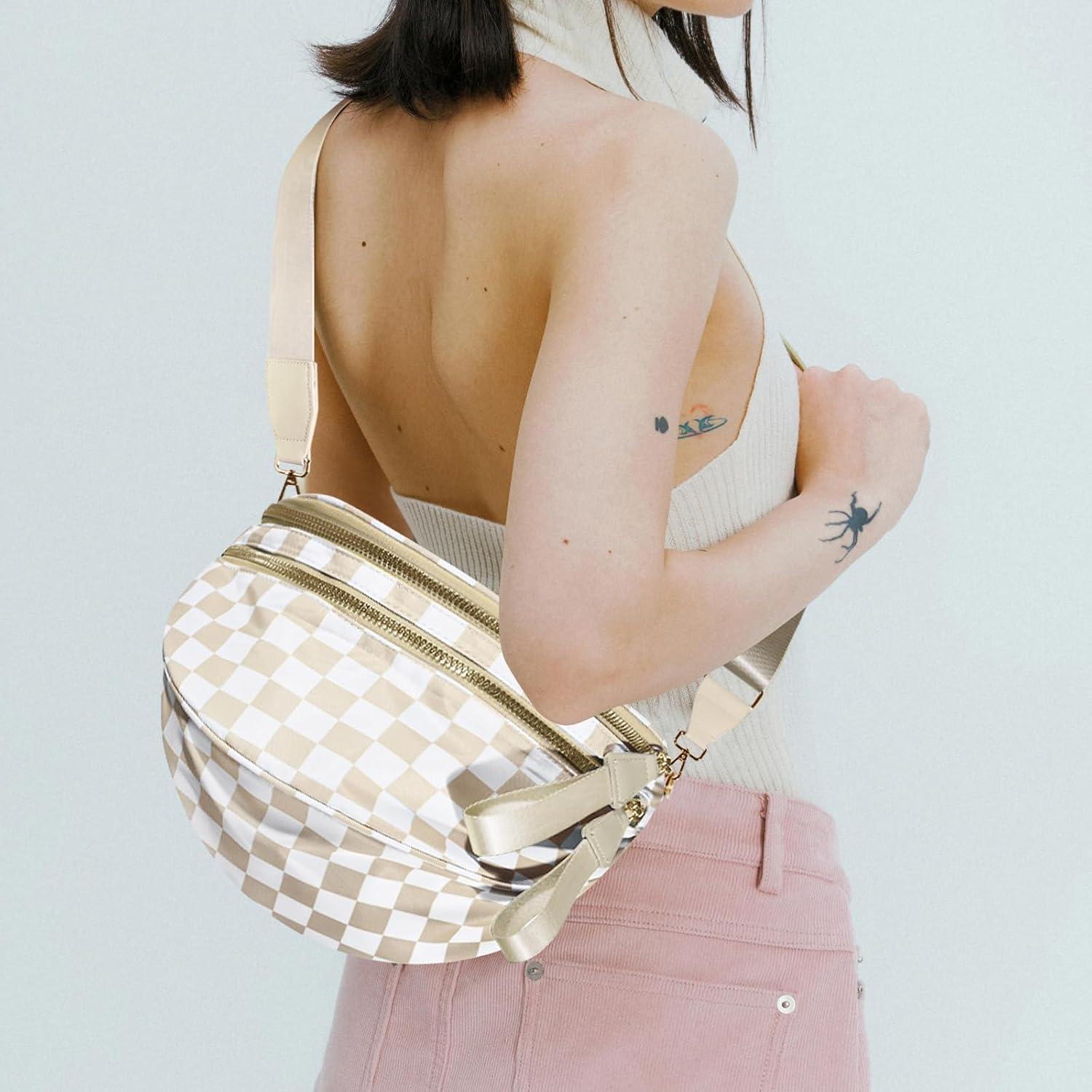 Bolso Cruzado de Nylon Impermeable para Mujeres - Cuadros Beige