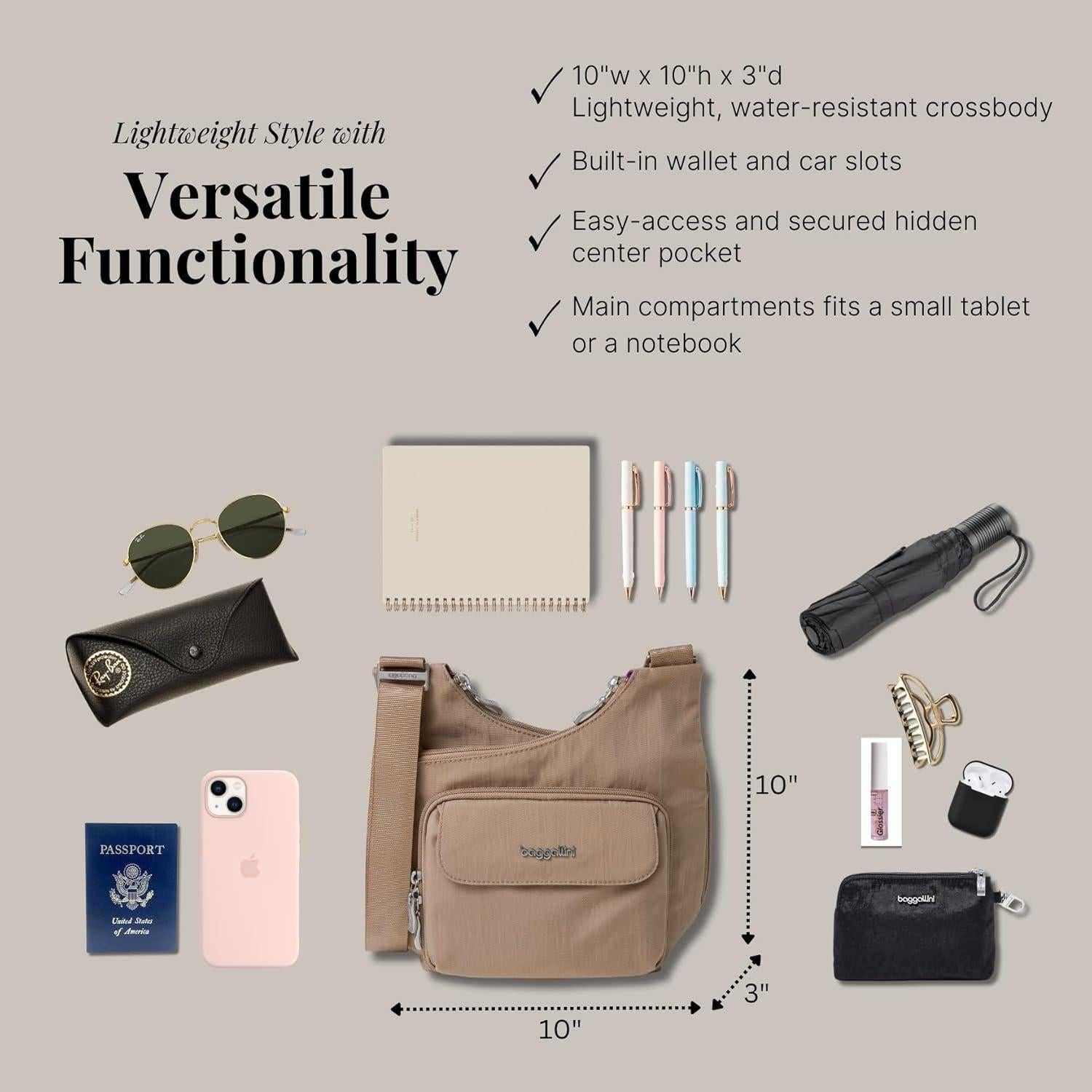 Bolso Cruzado Baggallini Criss Cross Resistente al Agua 25.4x7.6cm